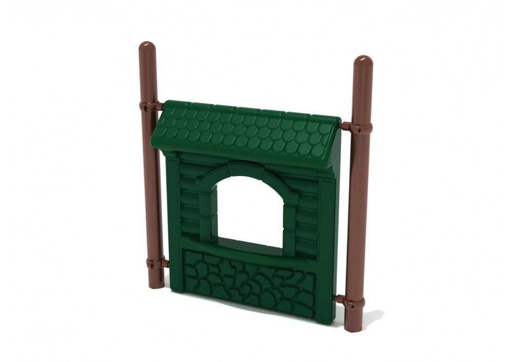 Green freestanding play store panel with roof and window, mounted on brown posts for imaginative playground play