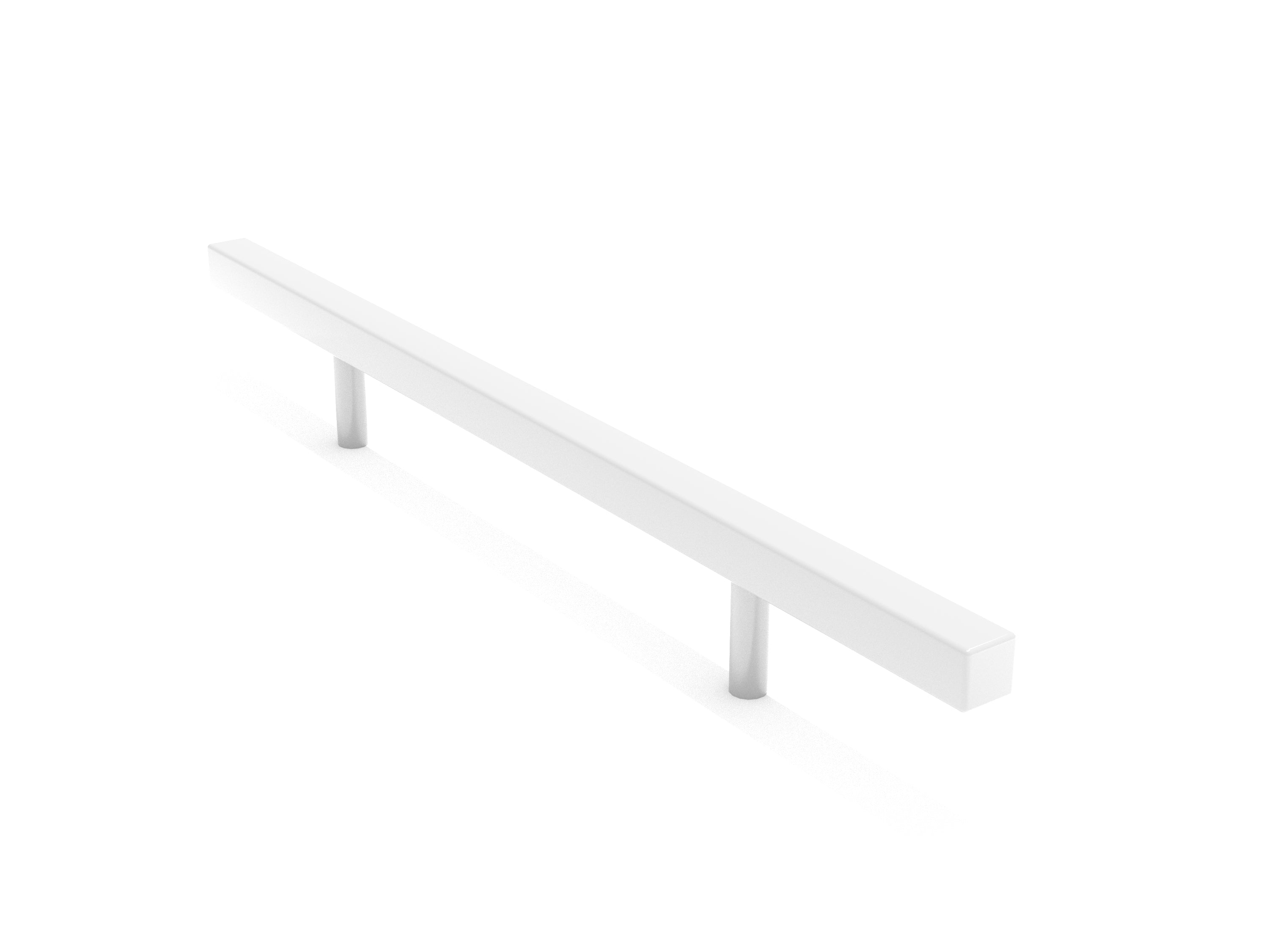 White straight outdoor balance beam with two cylindrical supports, designed for playground skill and coordination activities