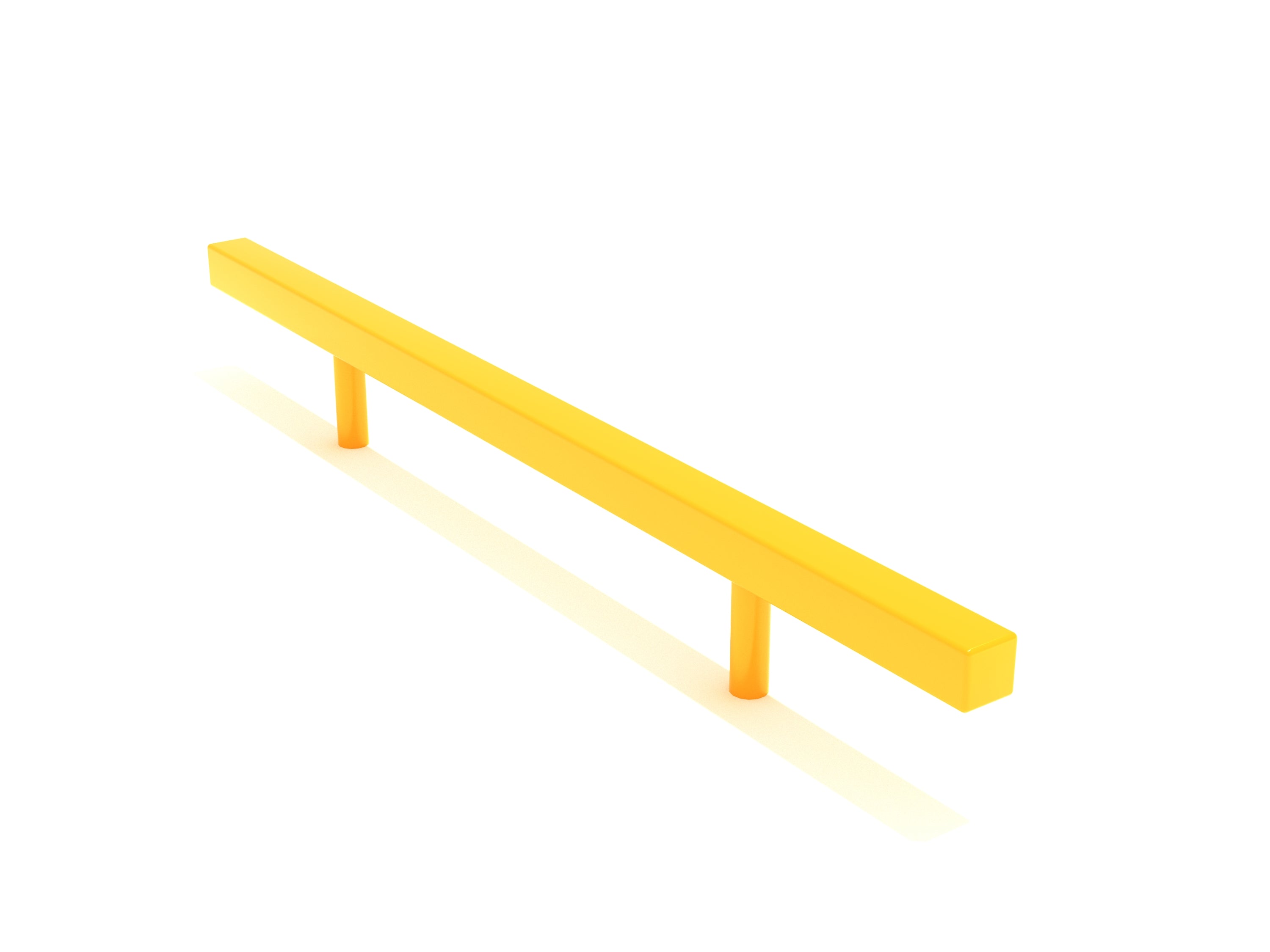 Yellow straight outdoor balance beam with two cylindrical supports, designed for playground skill-building and coordination.
