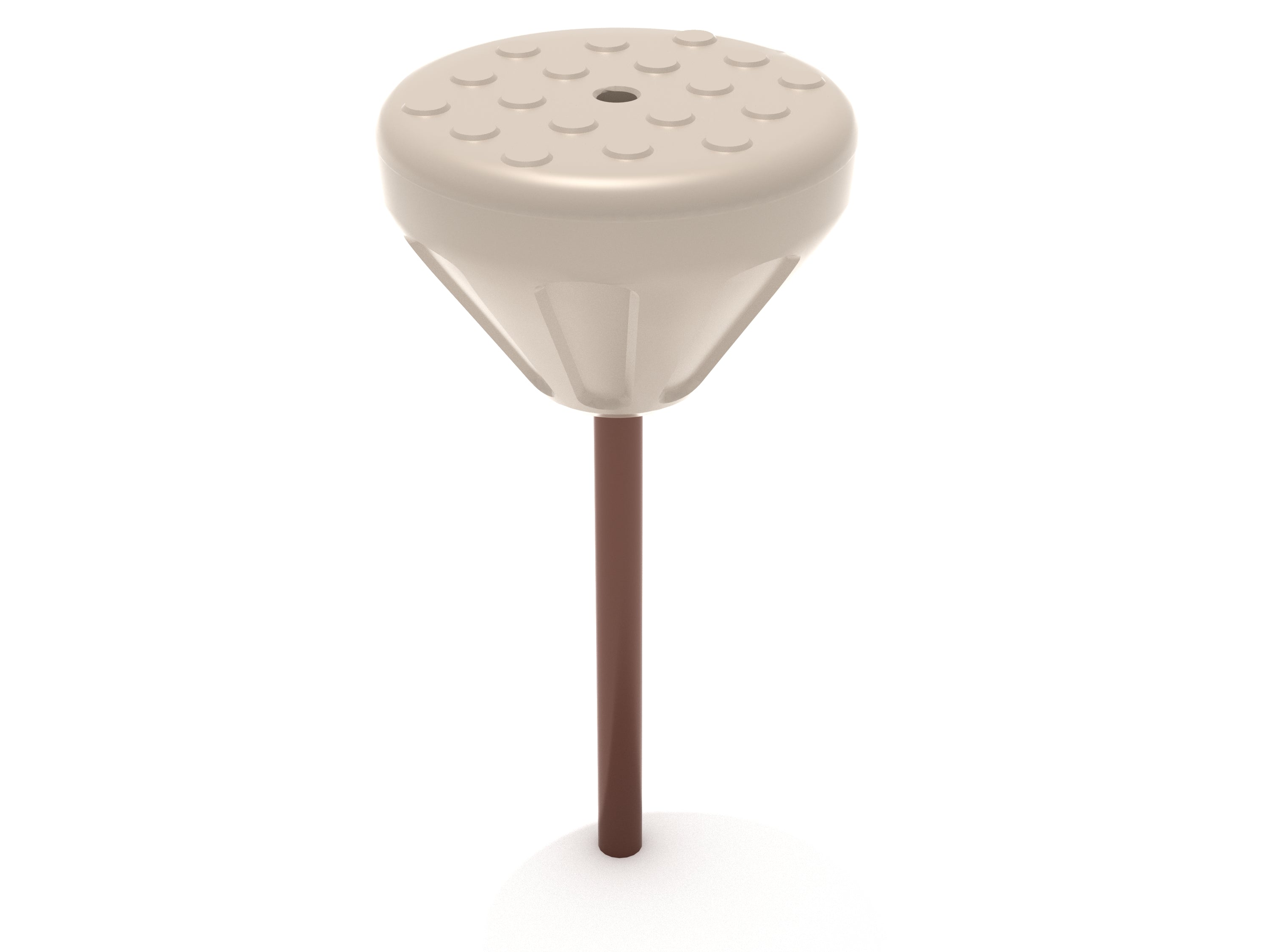 Beige and brown playground balance pod with textured, high-traction surface and single supporting post