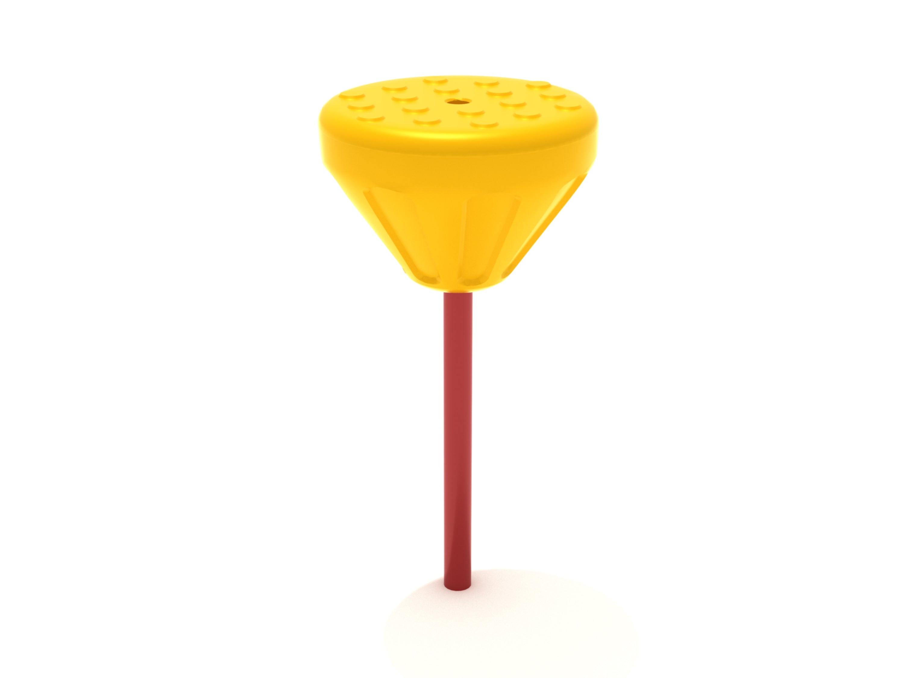 Yellow textured single pebble pod on a red post for playground balance and coordination activities