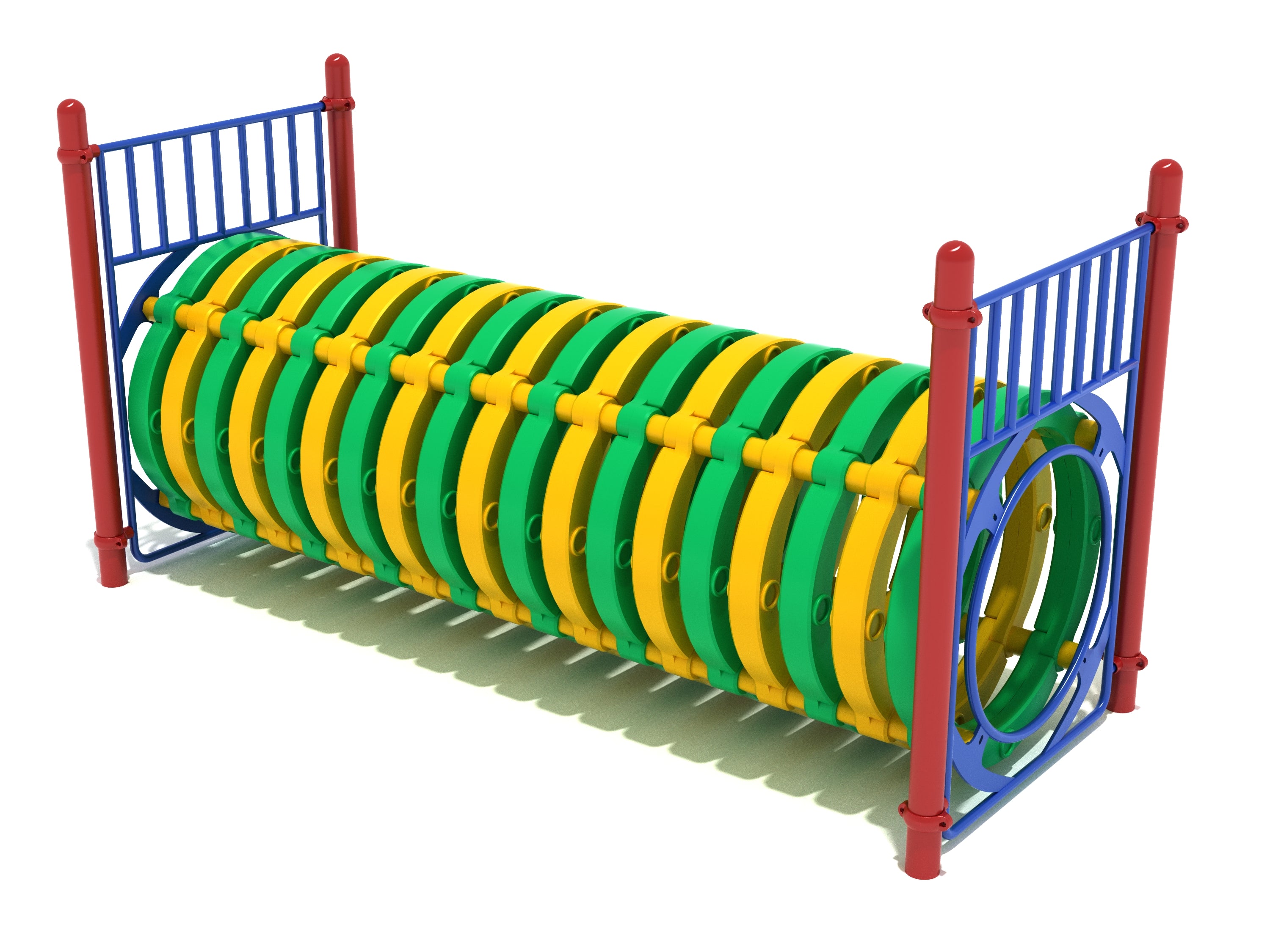 Freestanding Bones Tunnel with colorful green and yellow slatted rings and red and blue frame for active playground climbing and crawling play
