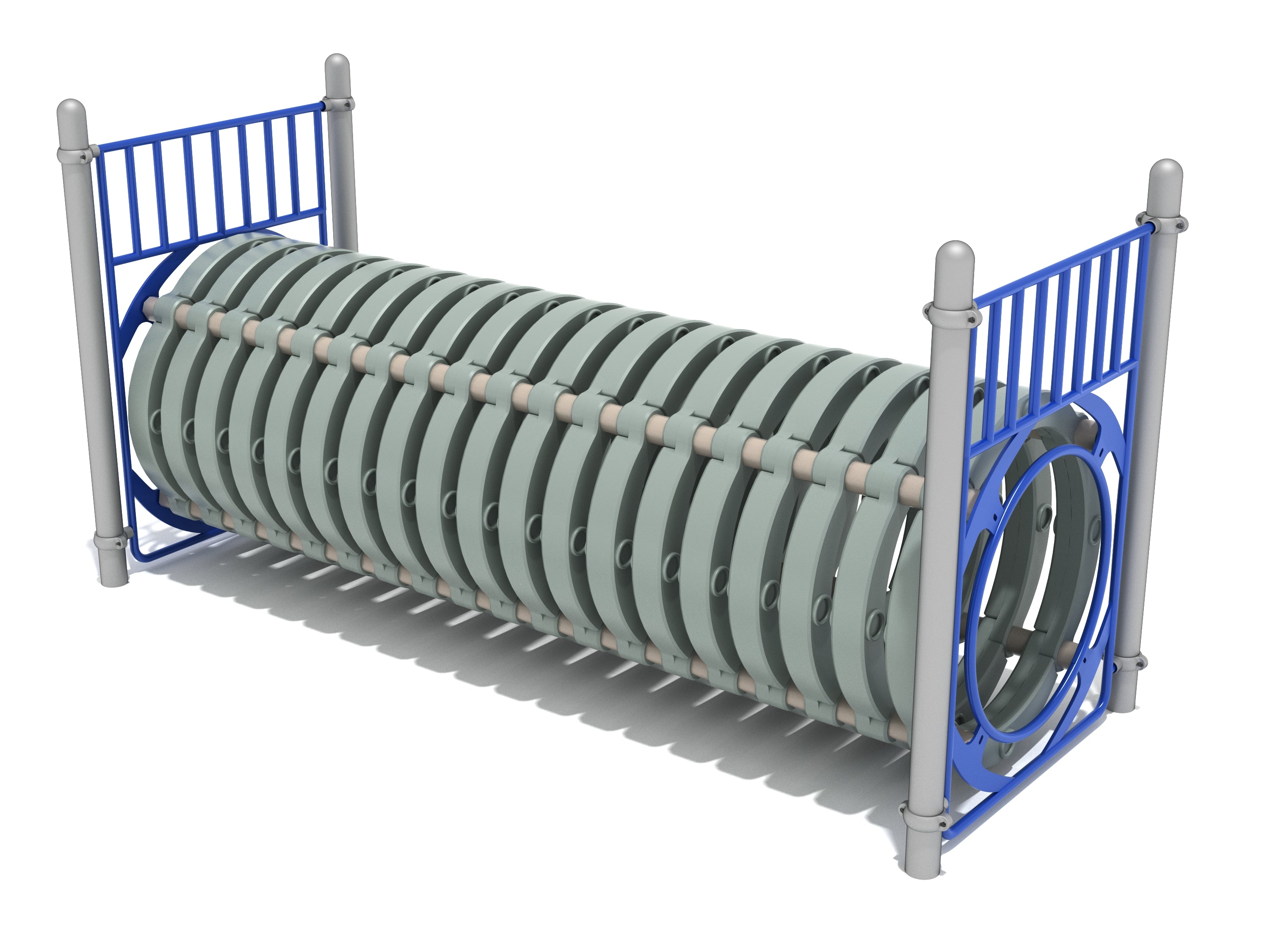 Cylindrical play tunnel with blue frame and light gray slatted sides, designed for crawling and active play