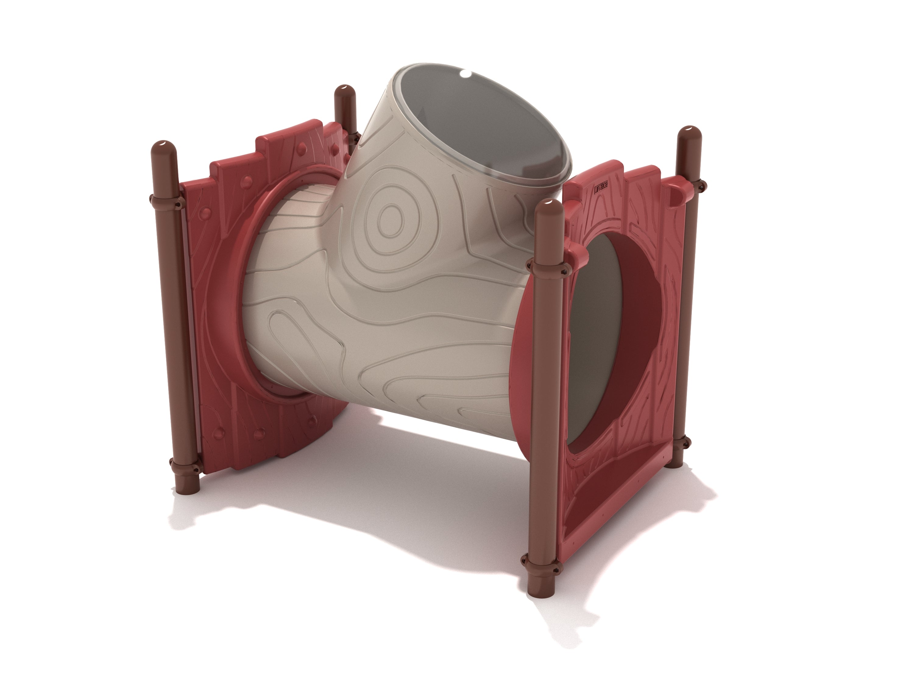 Woodland-themed climbing tunnel with realistic wood grain, circular openings, and a transparent skylight window for natural light.