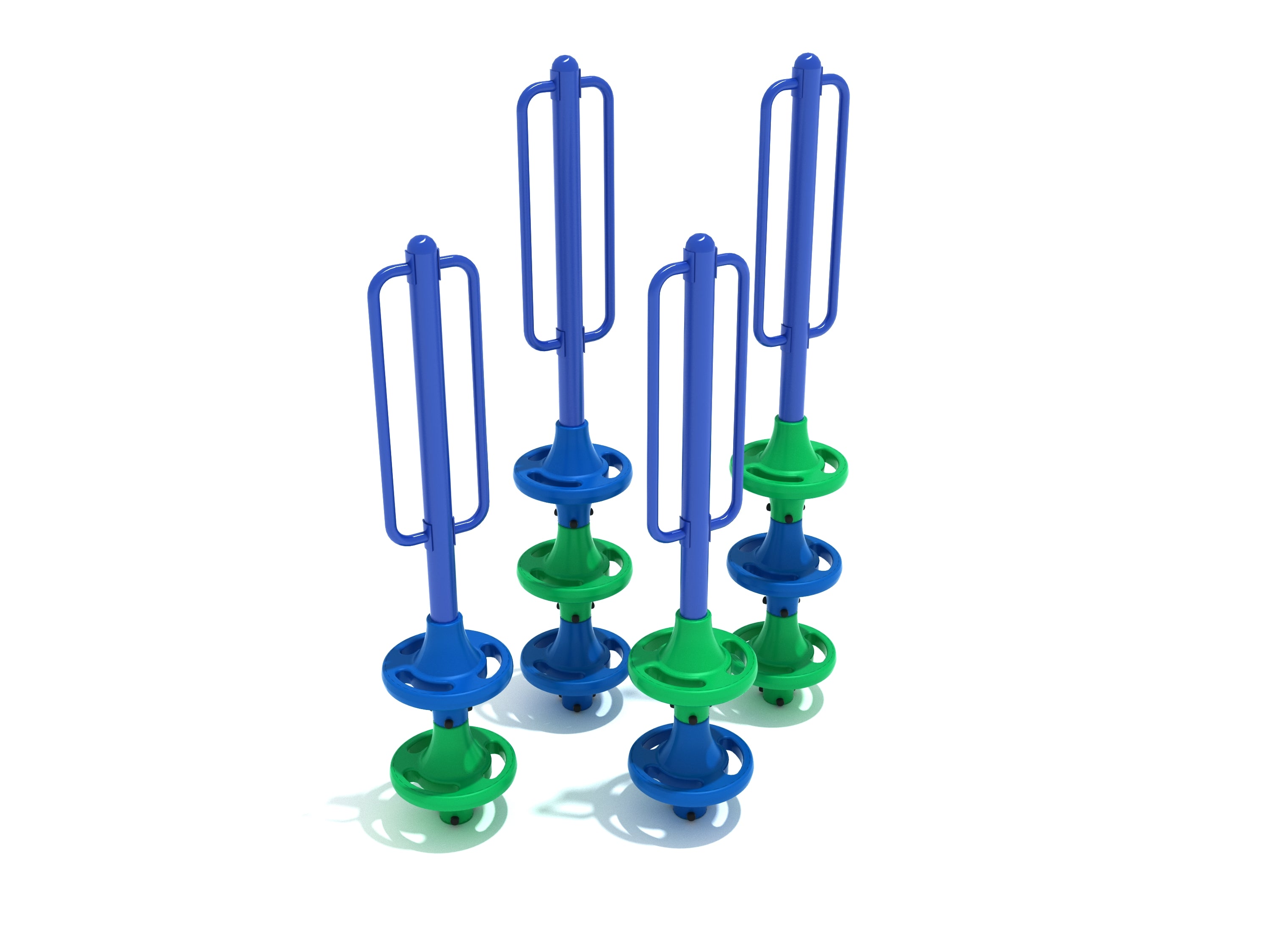 Four vertical pod-shaped climbing structures in alternating blue and green for children's outdoor play and physical activity.