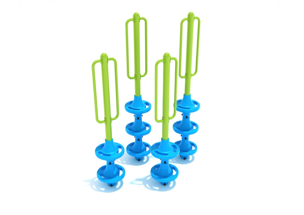 Mikros Pod Climber with four blue pod-shaped bases and green vertical handles for climbing play equipment