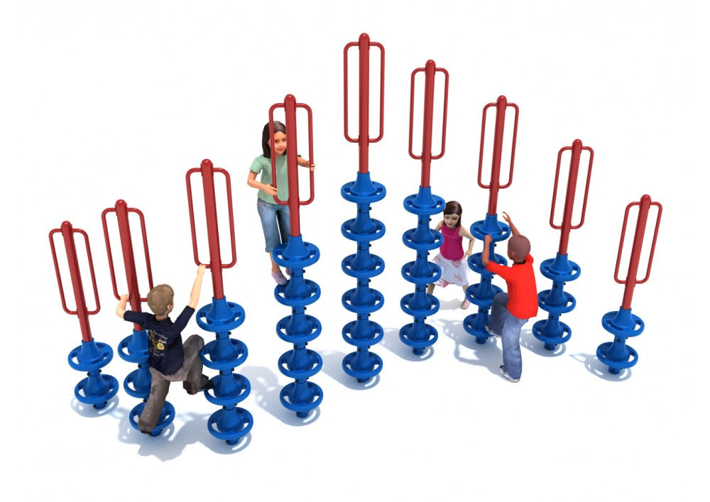 Pod Free Standing Pod Climber with interconnected blue pods and red handles, children climbing and balancing on playground equipment