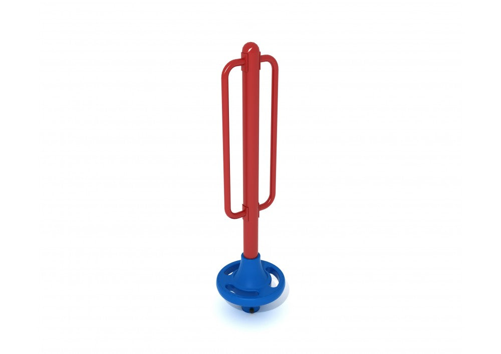 Red and blue free-standing pod climber with vertical handles and circular base for climbing play
