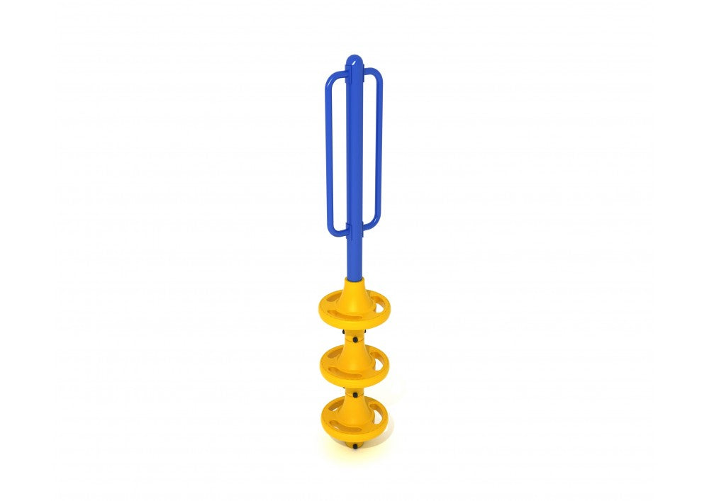 Vertical climbing structure with three yellow circular pods and a central blue grip handle for balance and play