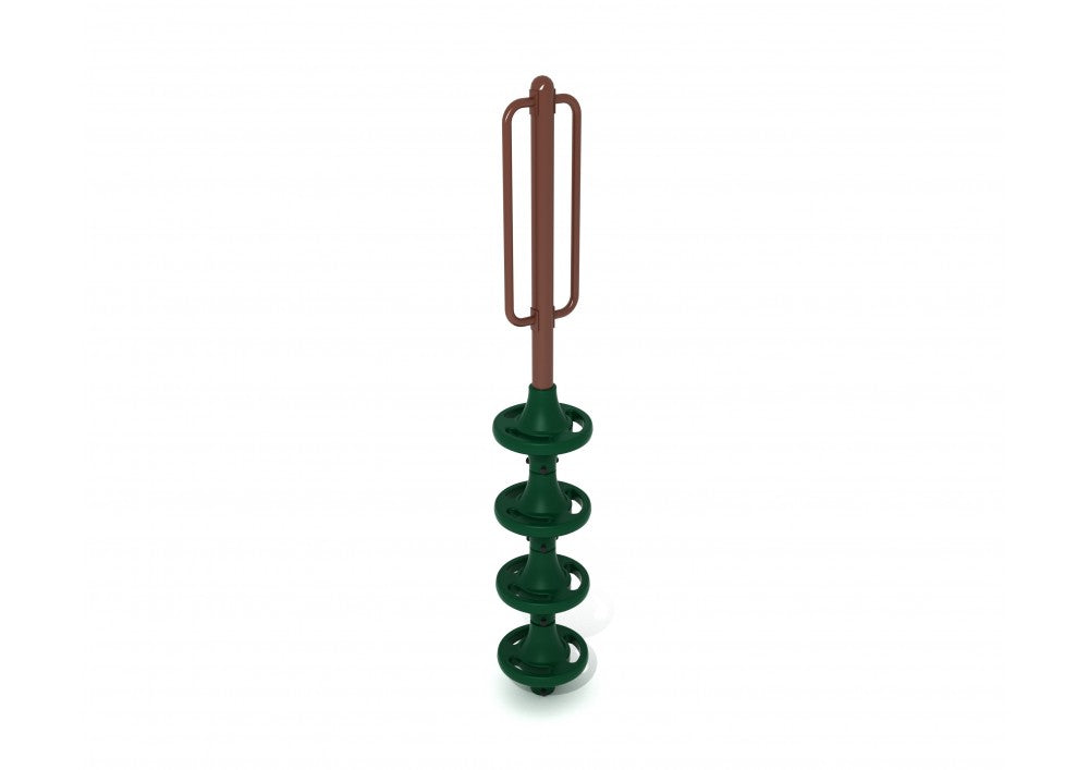 Vertical playground climber with four green circular pods and brown handrails for active play and balance development.