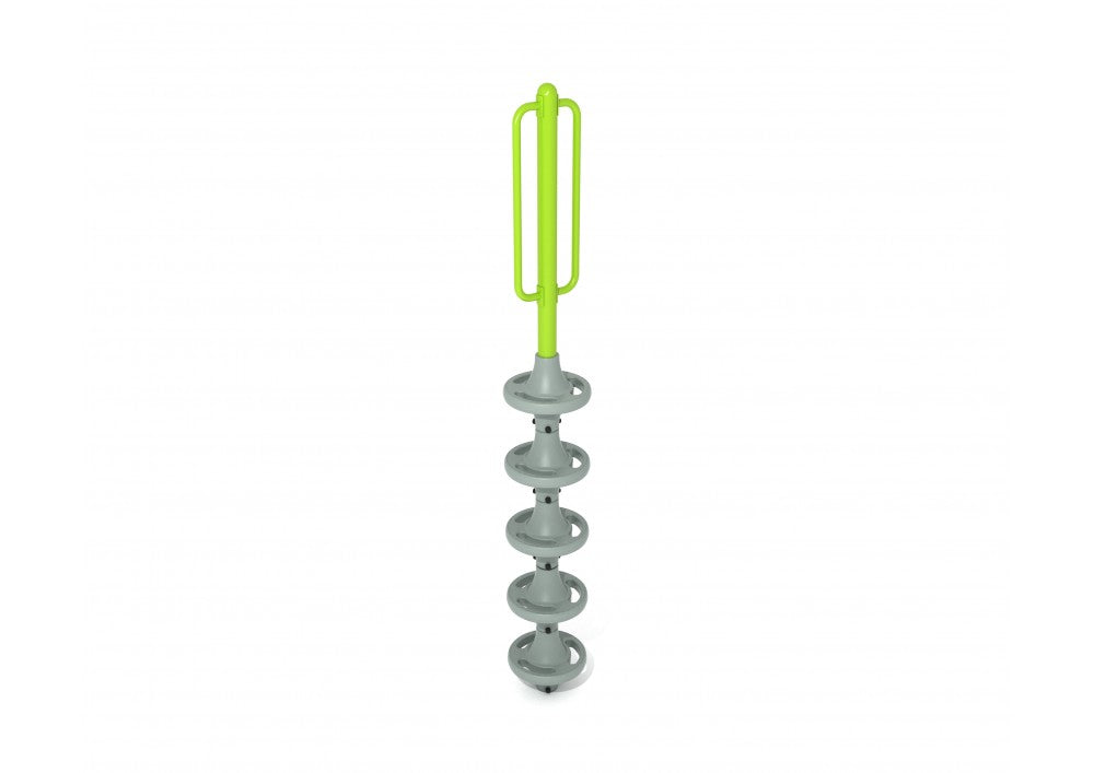 Vertical climbing structure with five stacked gray pods and a bright green handlebar for grip and balance