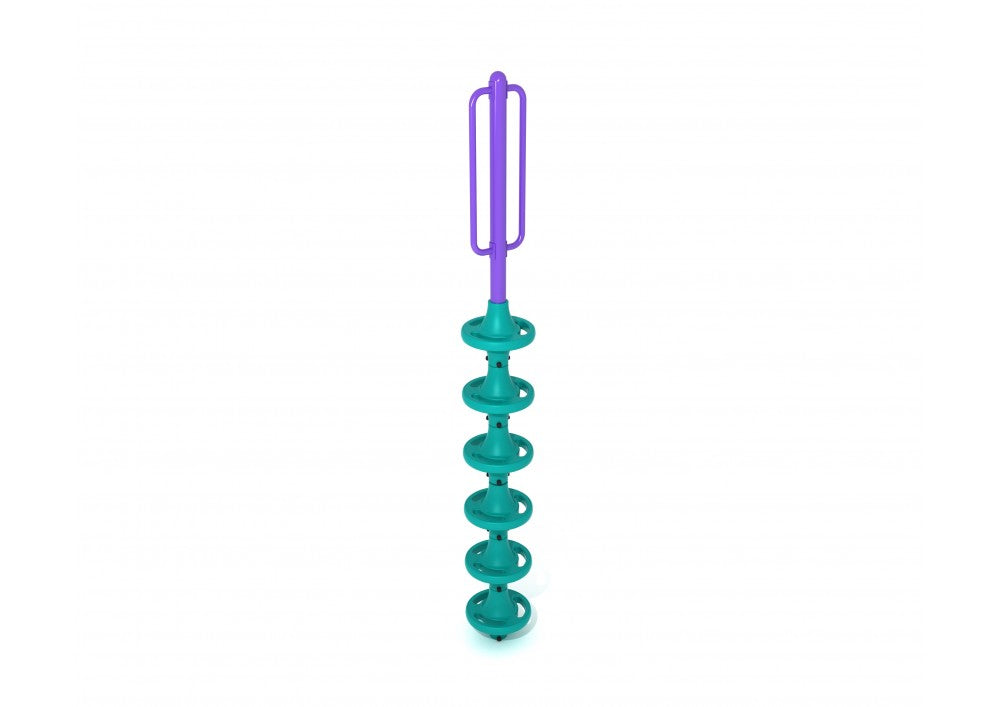 Vertical teal pod climbing structure with six stacked pods and a purple grip handlebar on top for children’s play and balance.