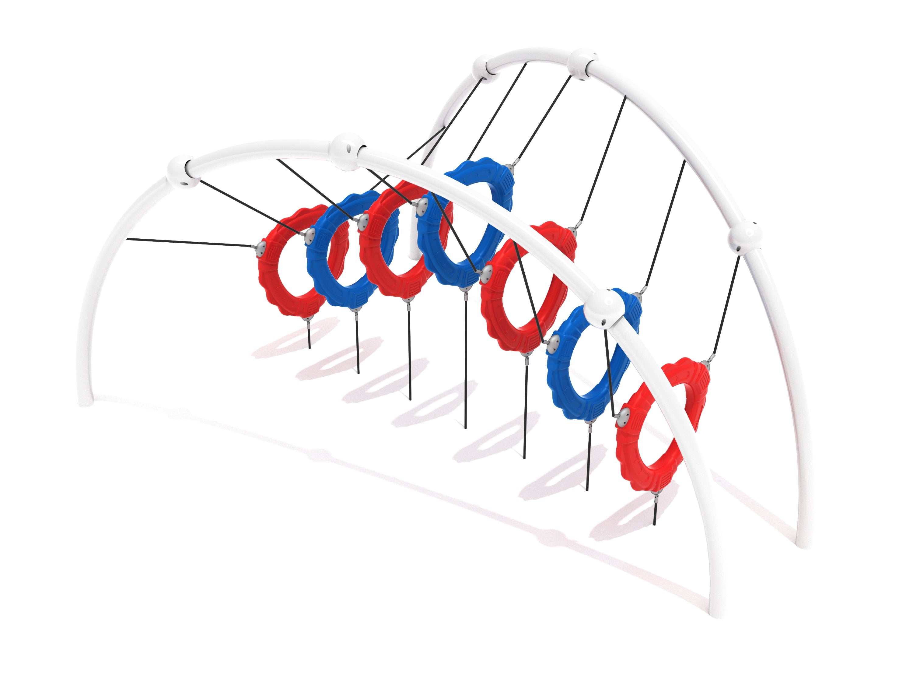 Playground climbing equipment with alternating red and blue suspended rings on white arched rails for balance and coordination play