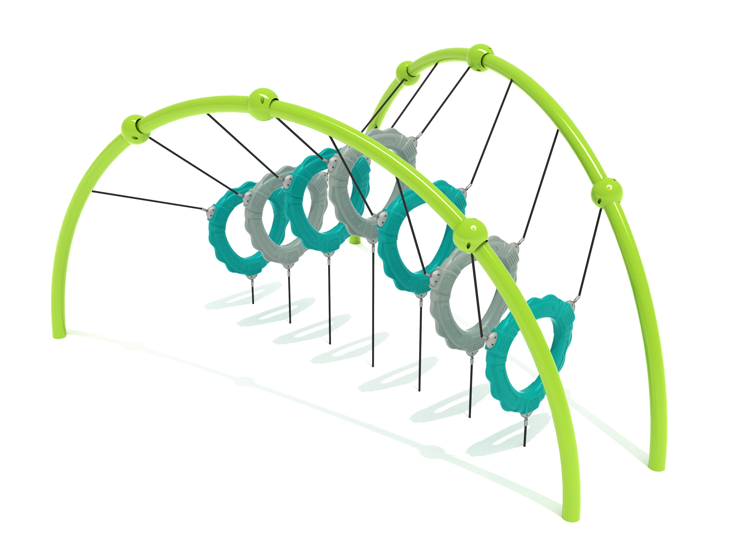 Playground climbing structure with bright green arched rails and alternating teal and gray suspended rings for balance and coordination.