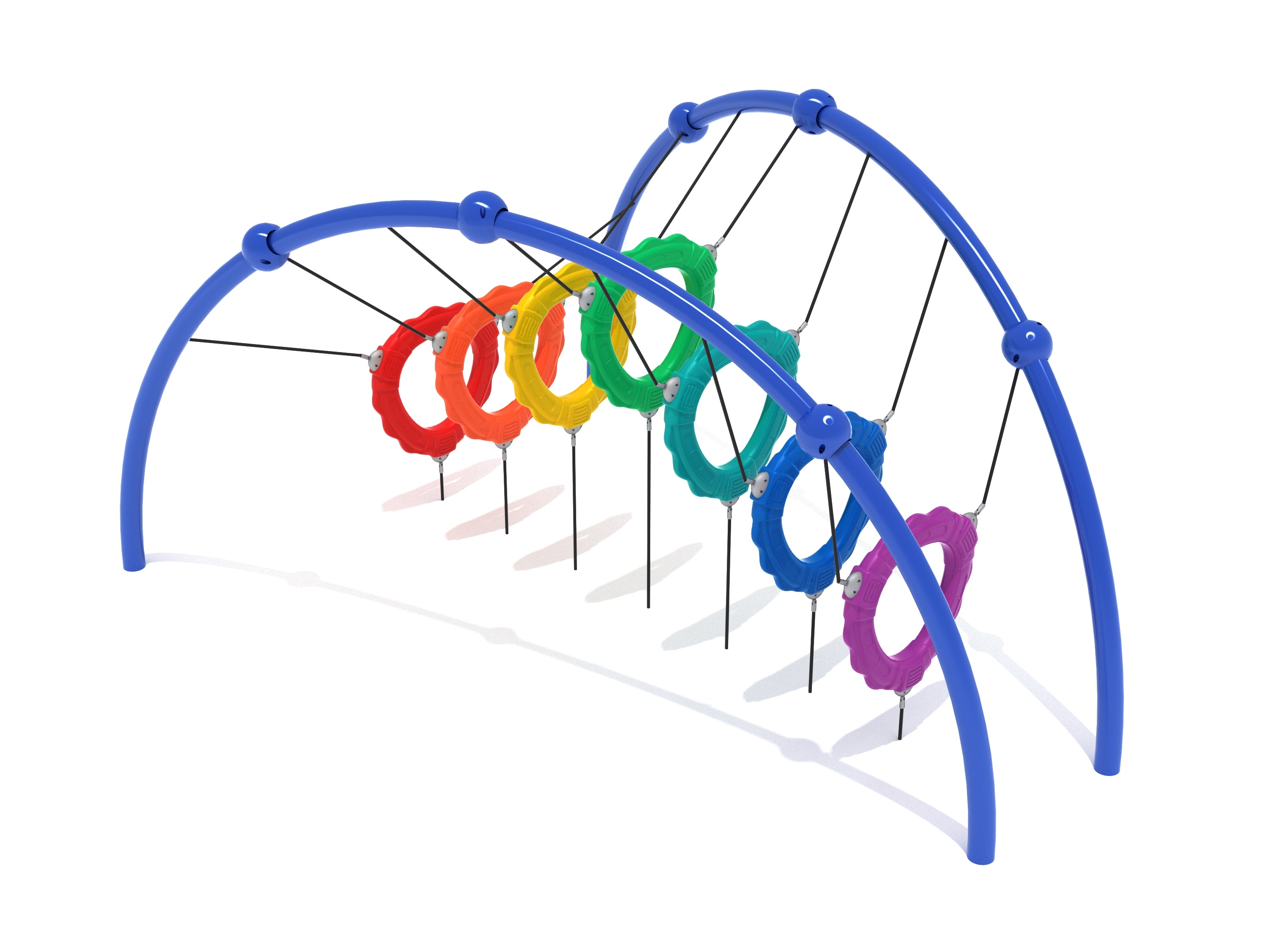 Floating Tunnel Bridge climber with colorful suspended rings and blue arched rails for active balance and coordination play