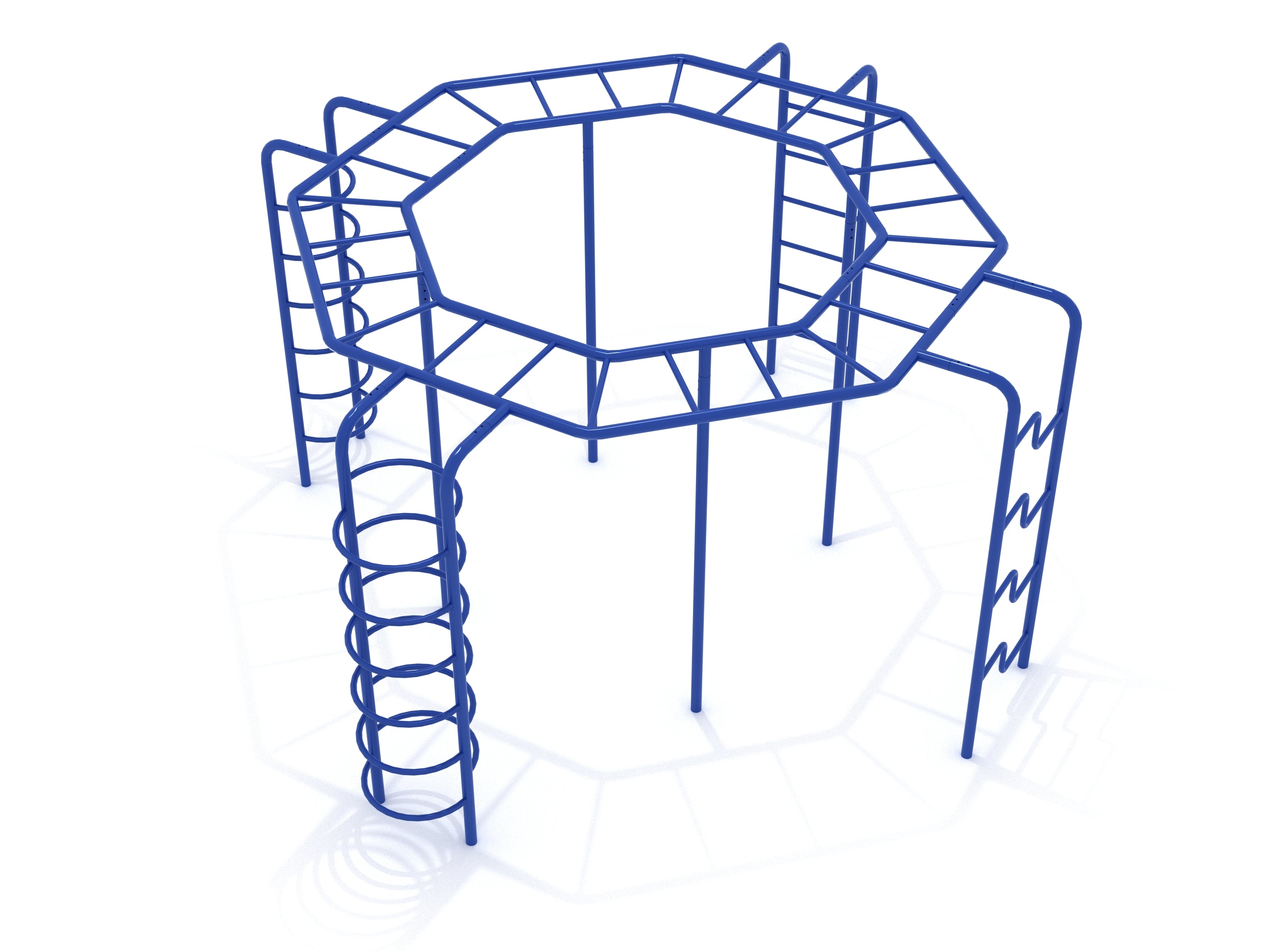 Octagonal blue metal playground climber with ladder, spiral climber, zigzag and indent climbing bars for active play