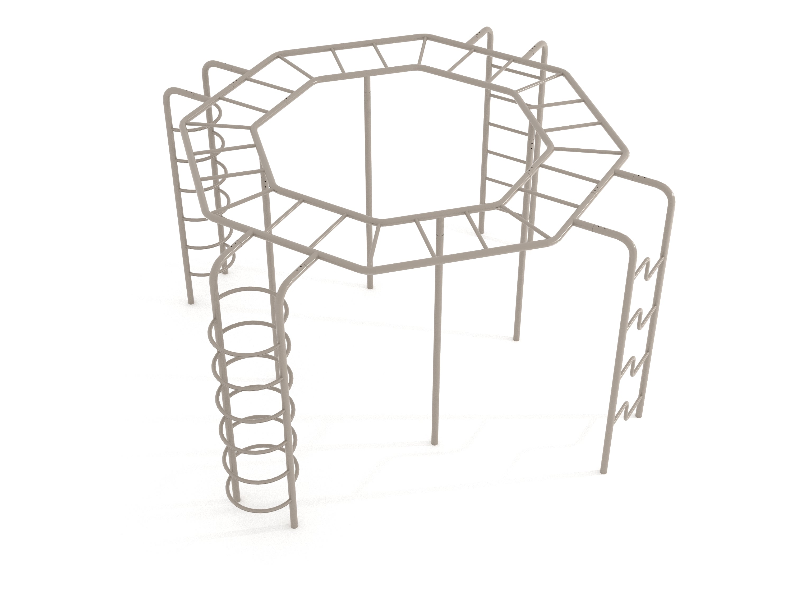 Octagonal metal playground climber with overhead ladder, spiral, zigzag, and indent climbing bars, angled view.