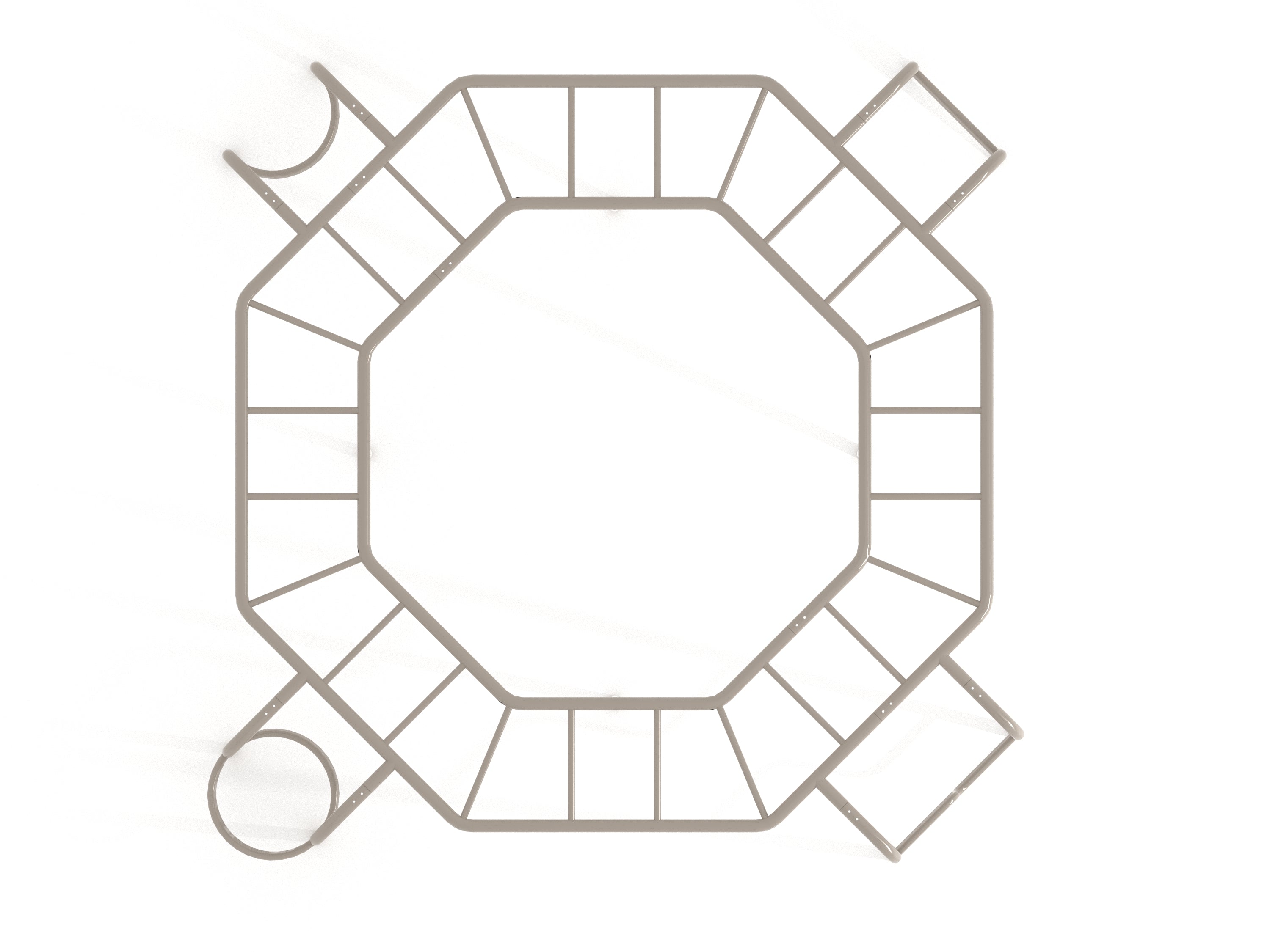 Overhead view of octagonal metal climbing structure with ladder, zigzag, spiral, and indent climbing elements for playground use