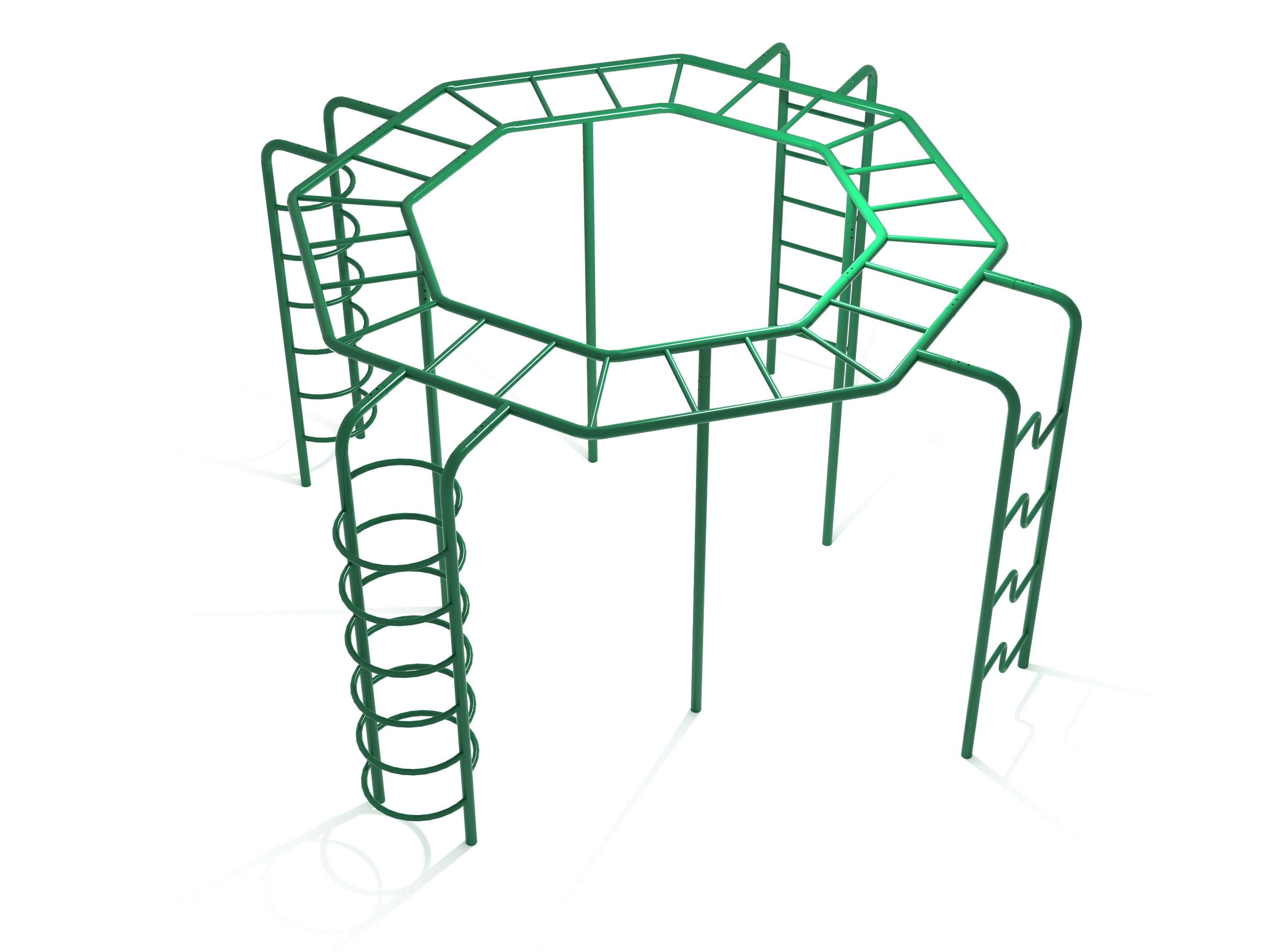 Green octagonal playground climber with spiral, zigzag, straight, and indent ladders for active children's play