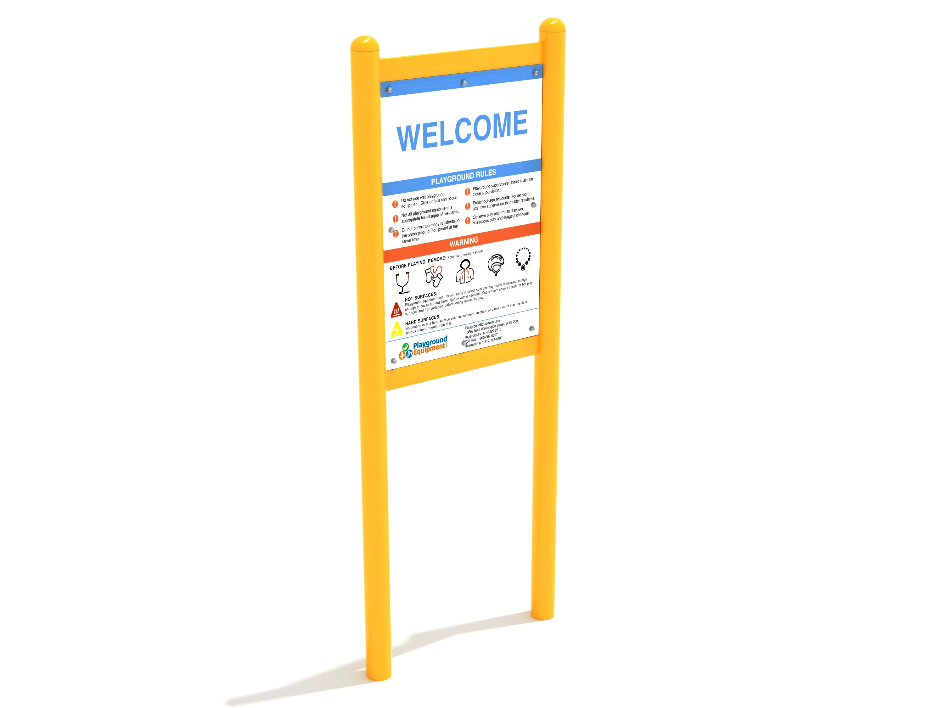Double-Sided Safety and Welcome Sign with yellow posts displaying playground safety rules, icons, and a welcoming message for park visitors