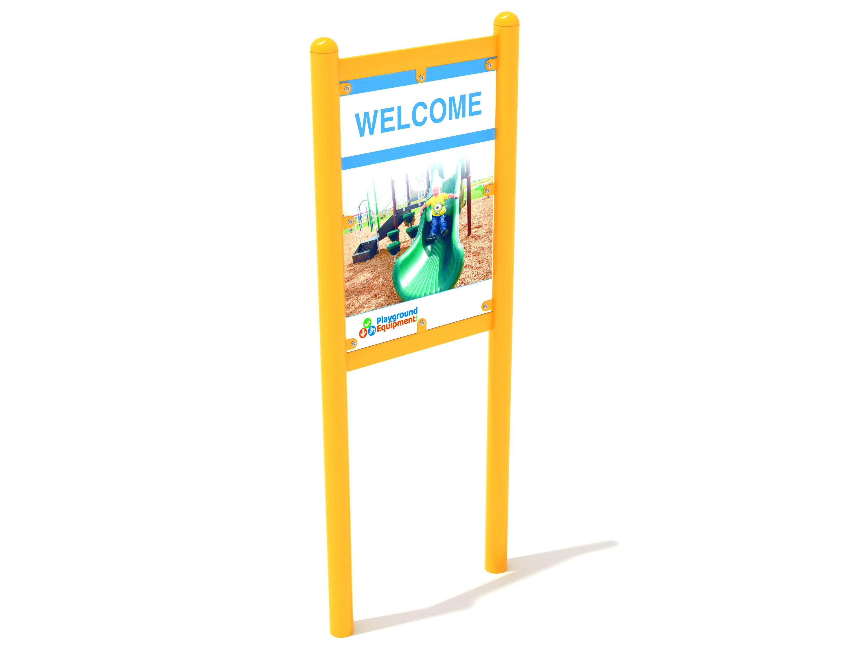 Double-sided yellow park sign with safety rules and welcome message, featuring a child sliding on green playground equipment
