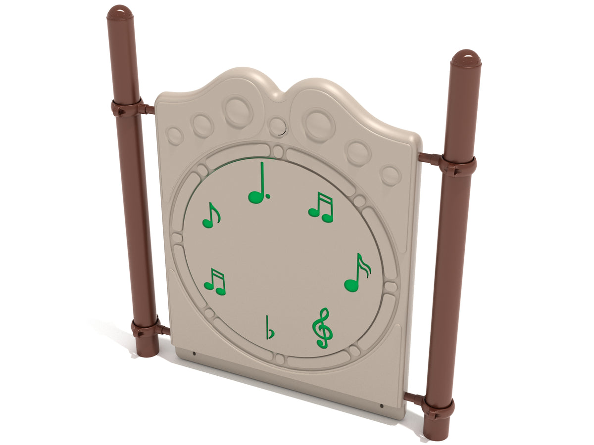 Freestanding playground chime panel with six green musical note figures on beige surface, supported by brown posts