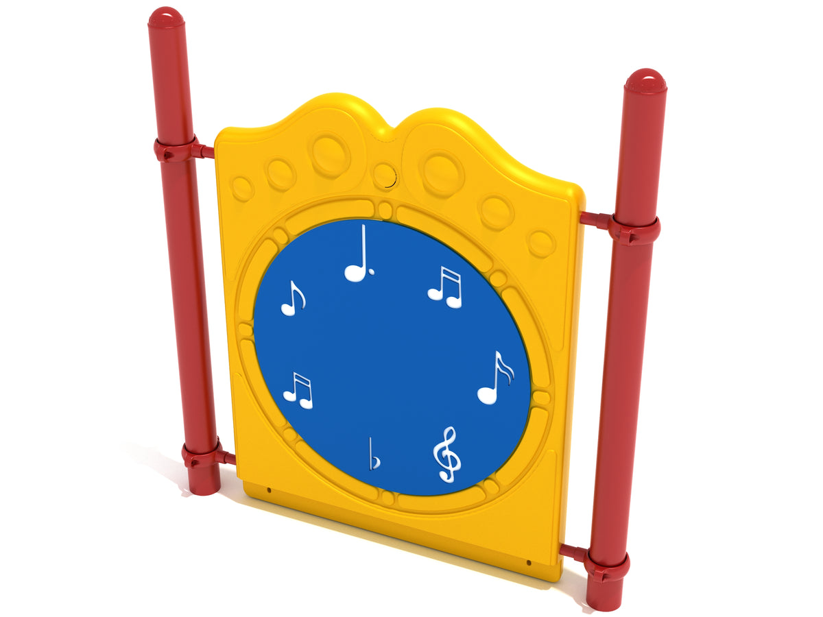 Freestanding Chime Panel with Posts featuring six blue chime levers on a yellow panel framed by red posts for playground music play