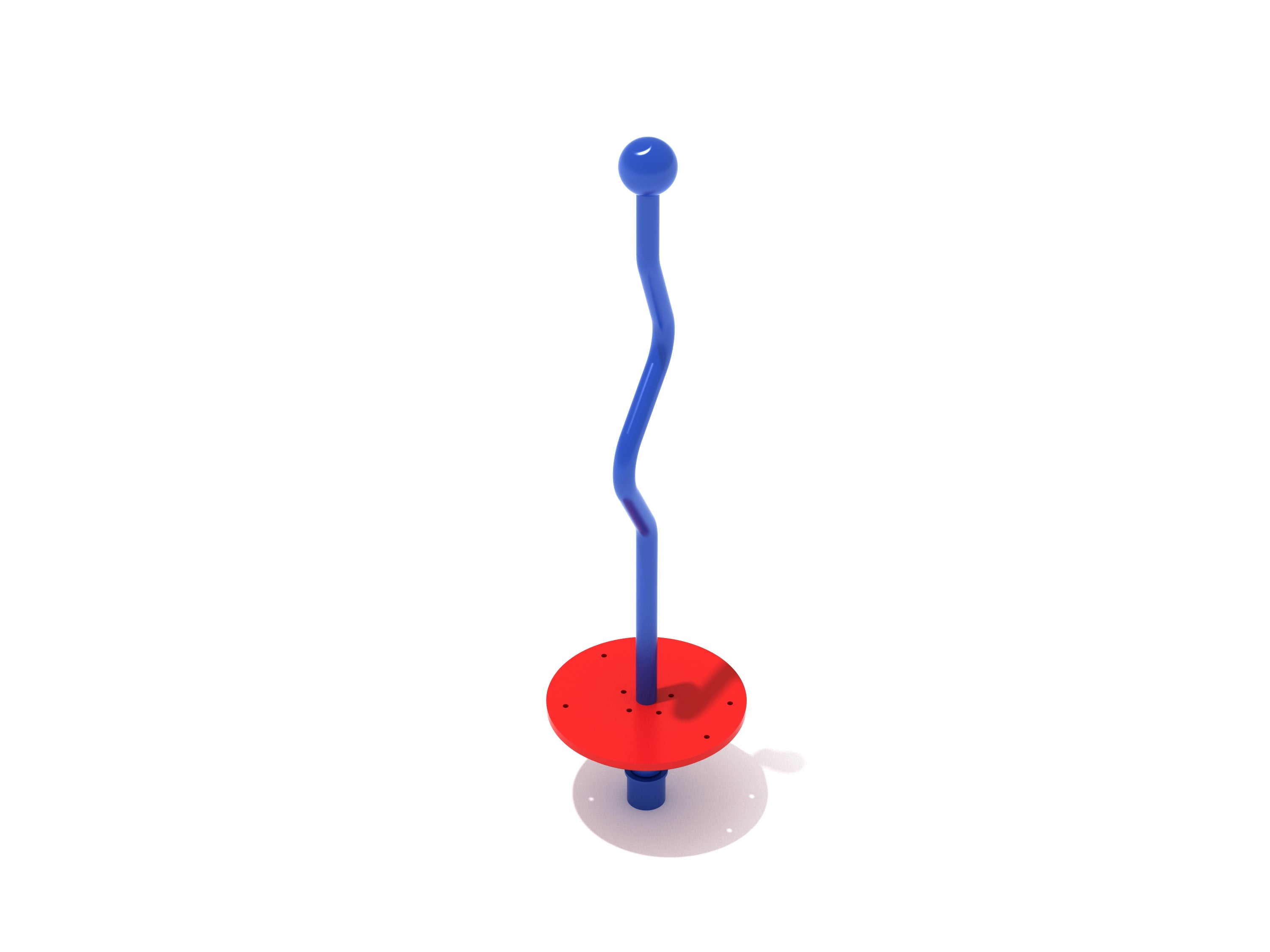 Swerving Spindle merry-go-round with crooked blue center pole and red round base for balance and coordination play