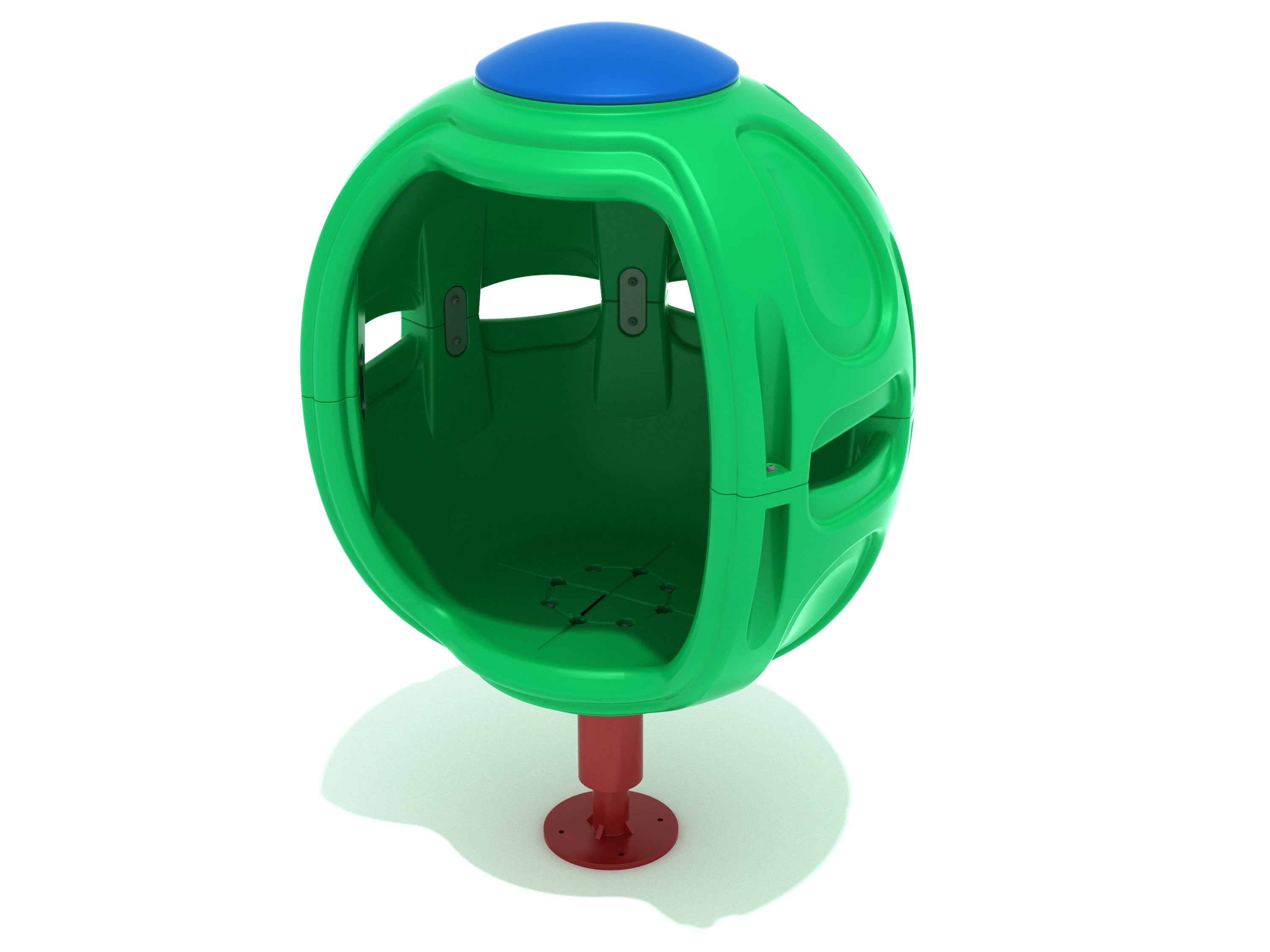 Green egg-shaped playground spinner with open cutouts and blue top on red base for solo spinning play