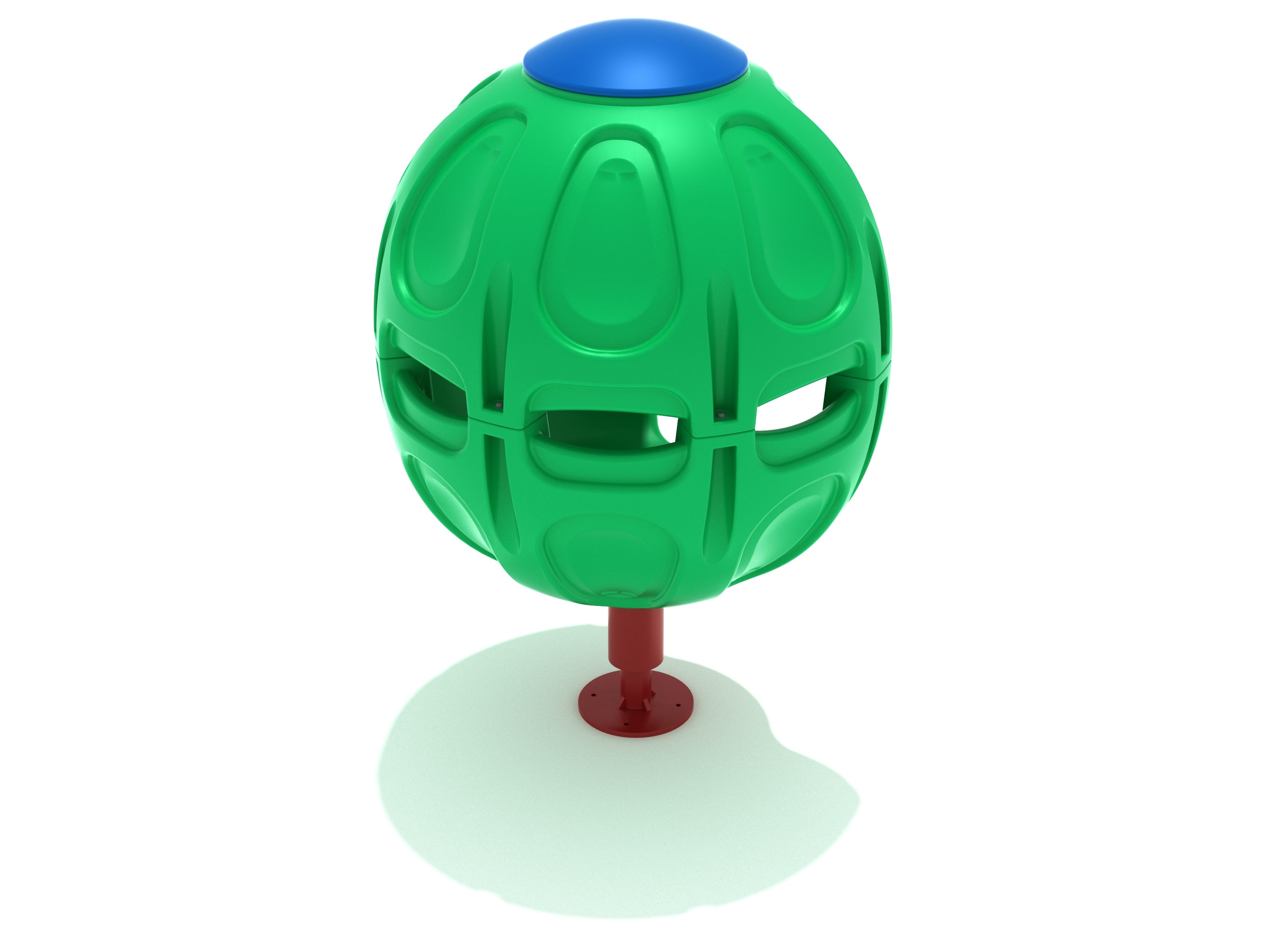 Green egg-shaped playground spinner with open cutouts and blue top on a red base for solo spinning play