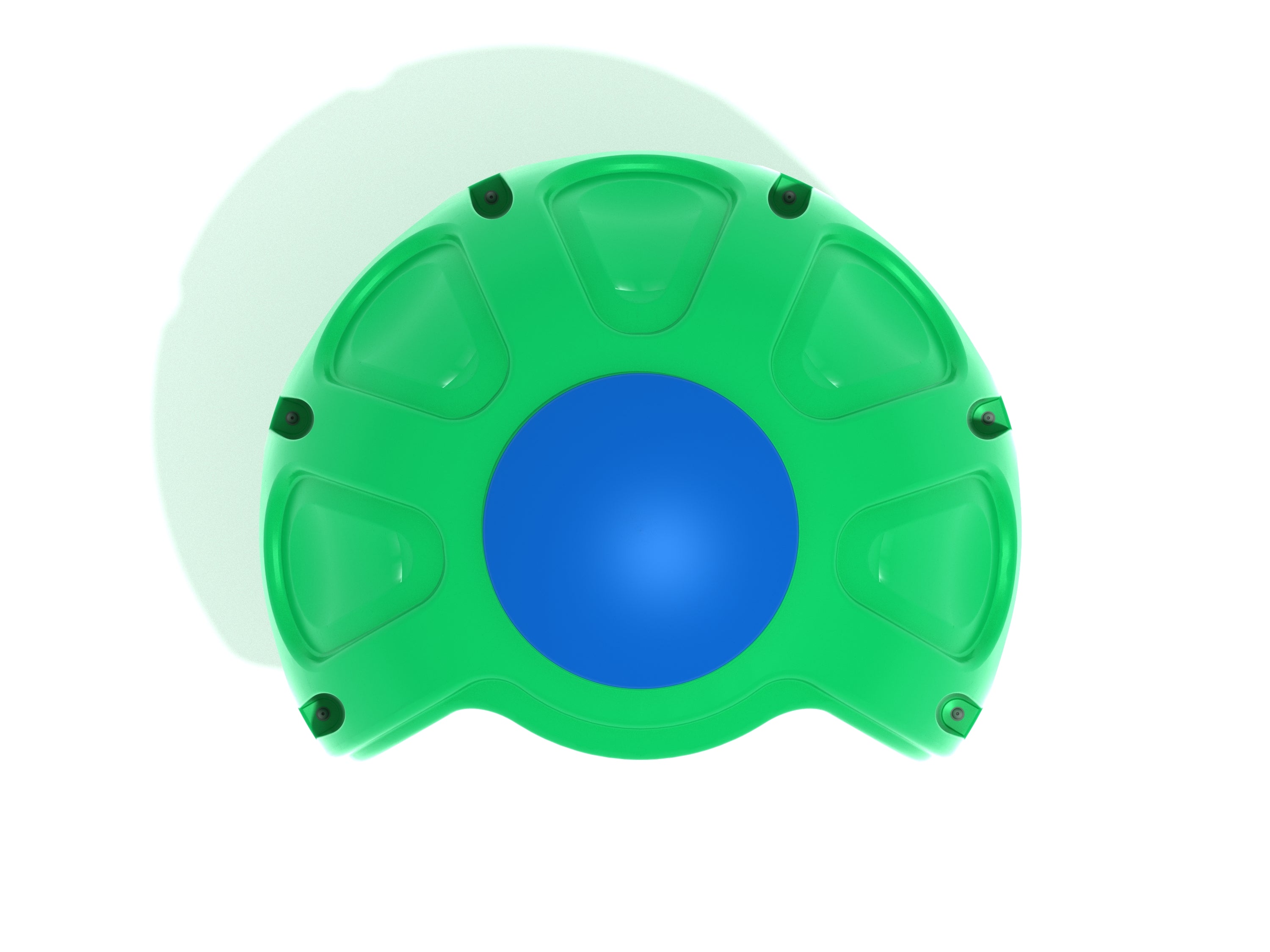 Overhead view of green and blue egg-shaped playground spinner with molded seats and black connectors