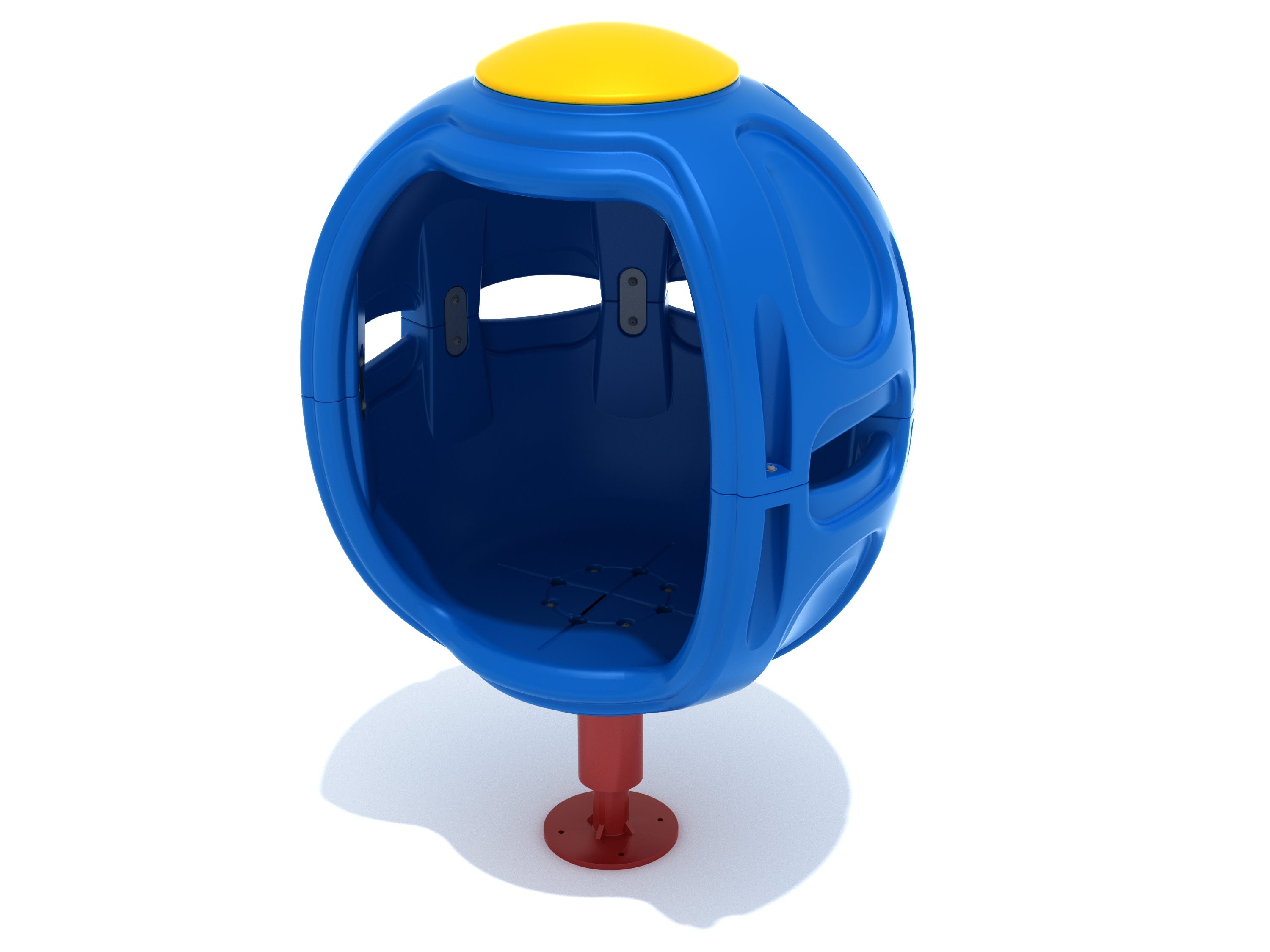 Egg Whirler Spinner playground equipment with blue egg-shaped enclosure, yellow top, and red base for solo spinning play