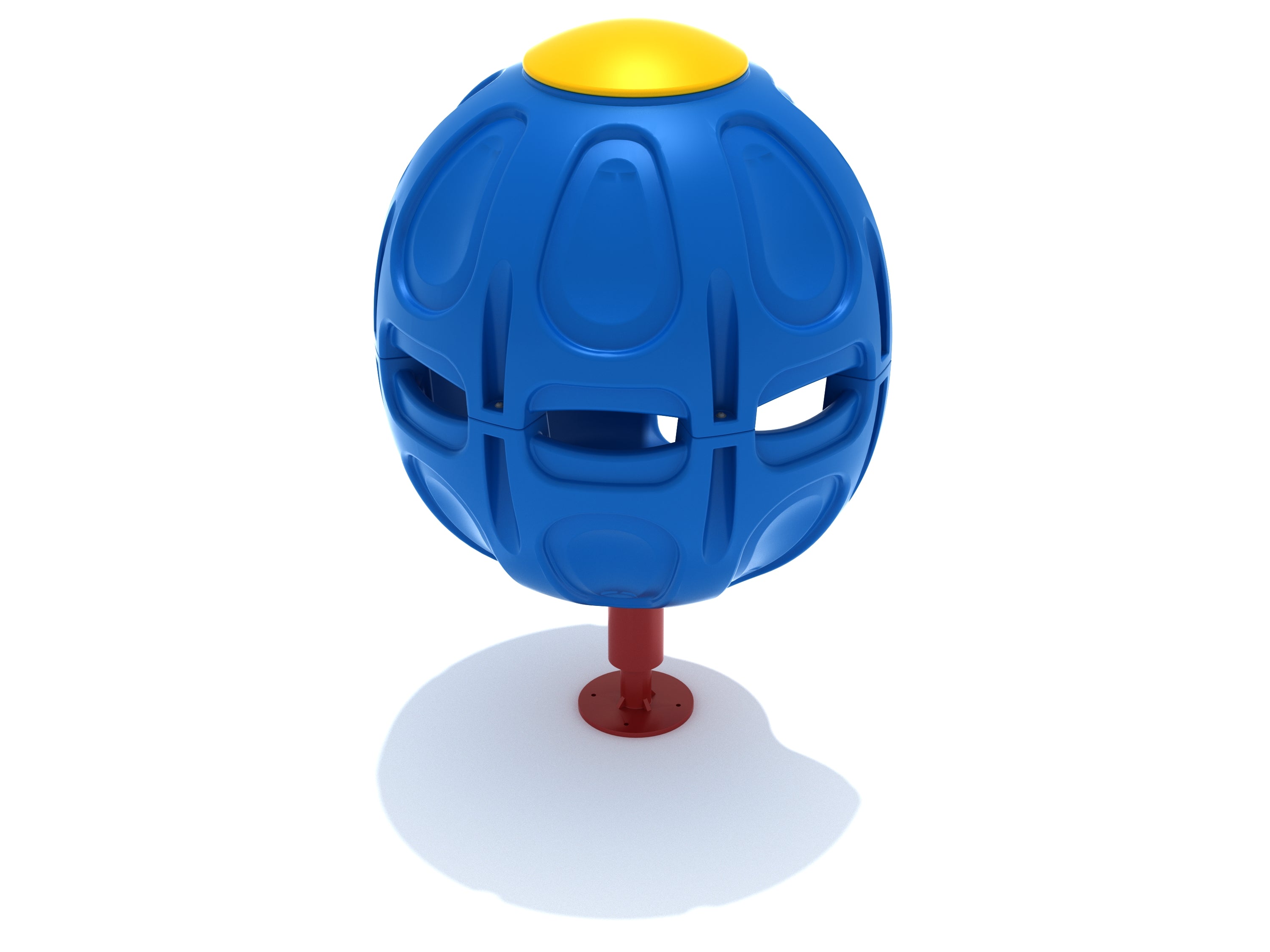Blue egg-shaped playground spinner with open cutouts, yellow top, and red base for solo spinning play
