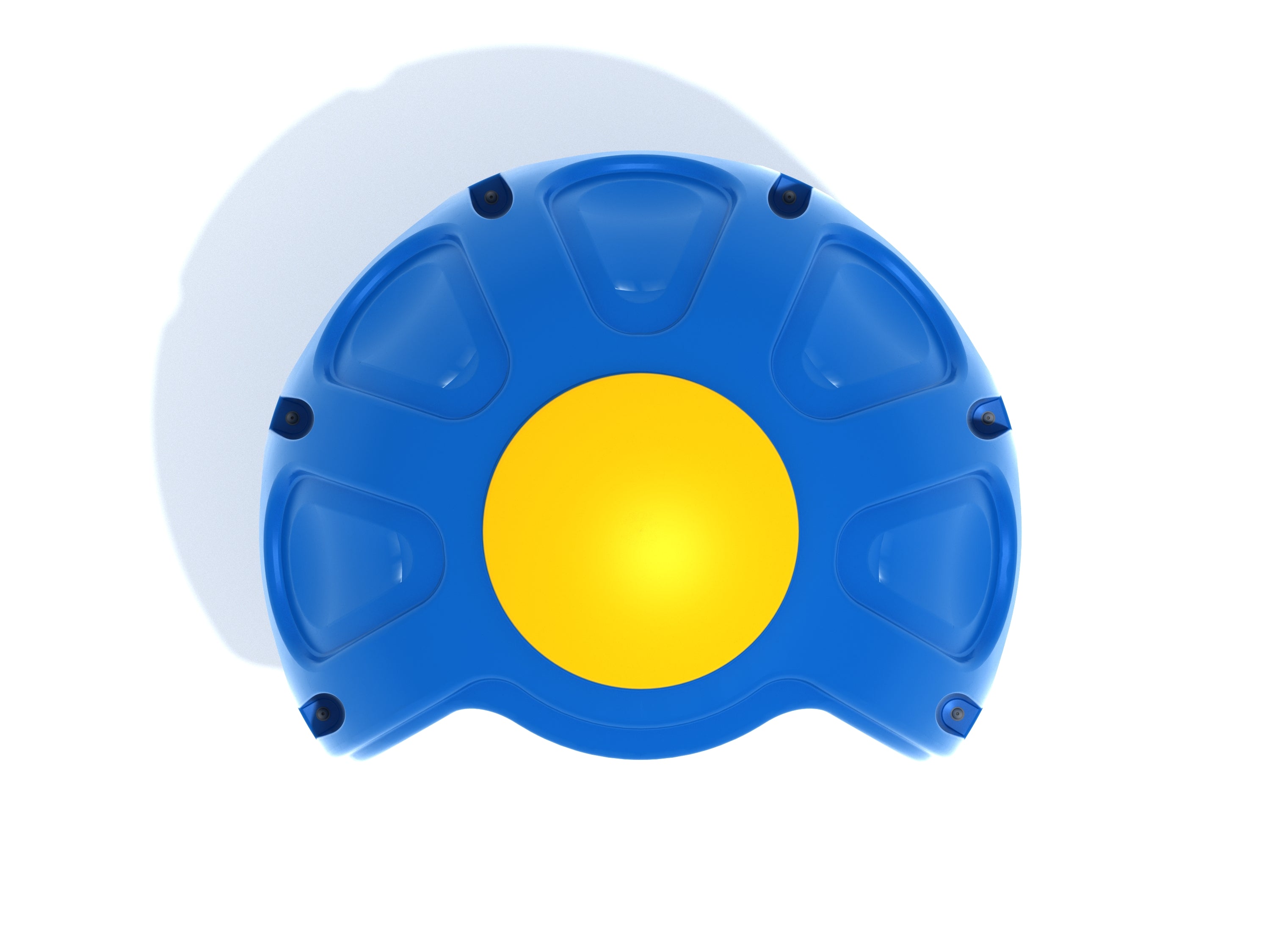 Overhead view of a blue and yellow egg-shaped playground spinner with molded handholds and central yellow circle