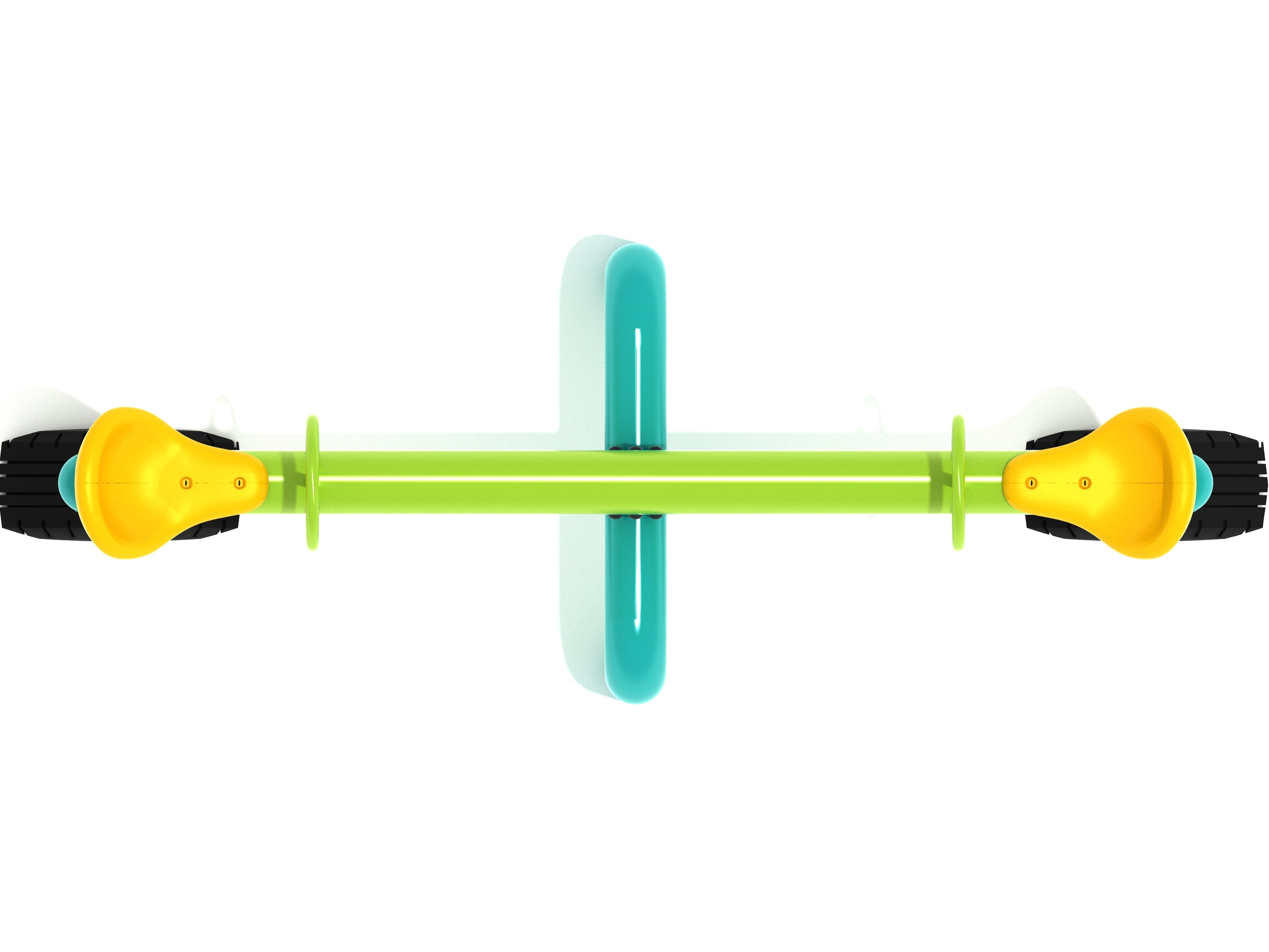 Overhead view of colorful playground seesaw with yellow seats, green beam, blue central support, and black tires beneath seats