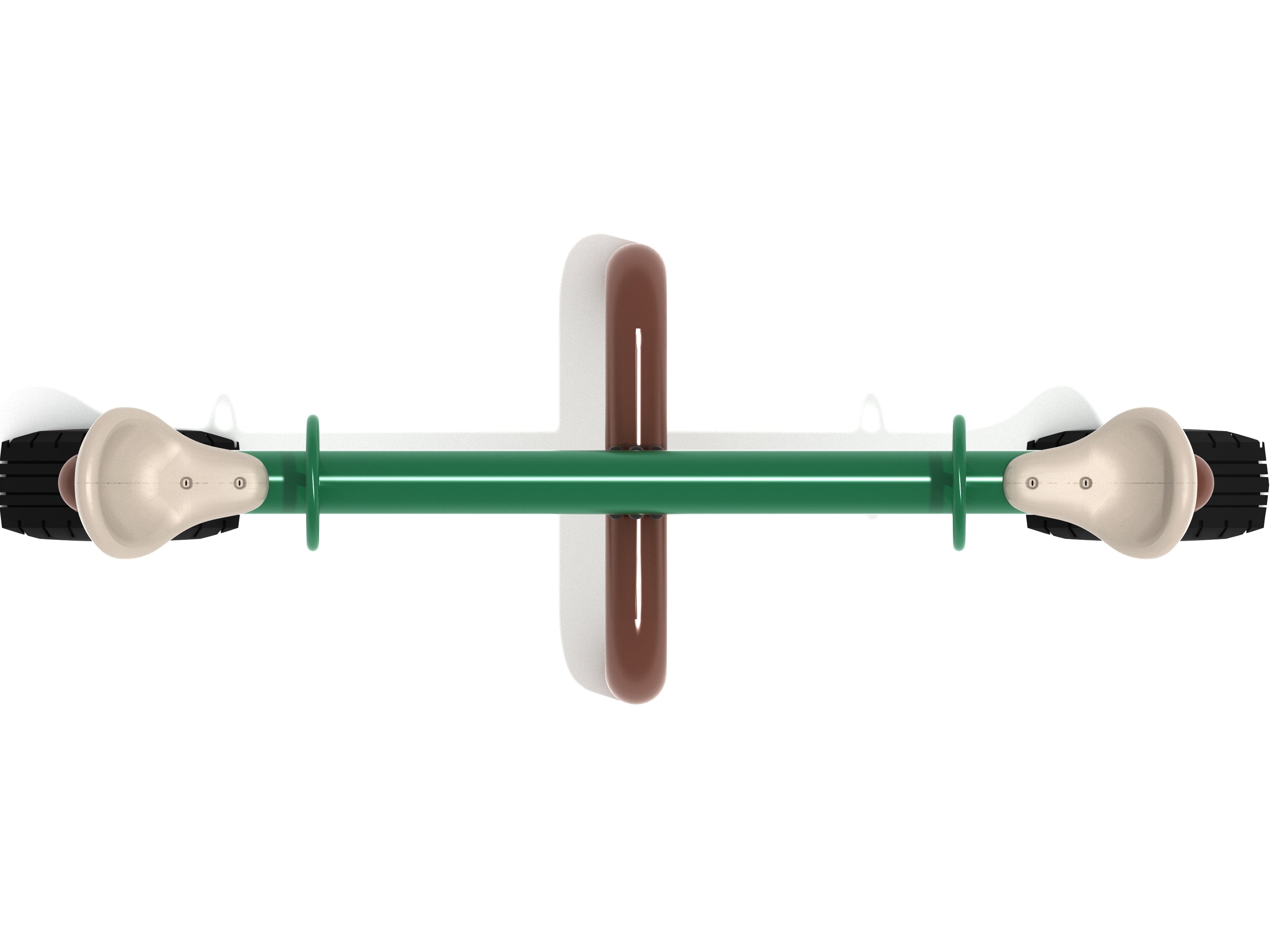 Overhead view of green metal playground seesaw with beige seats, black tires, and brown central support