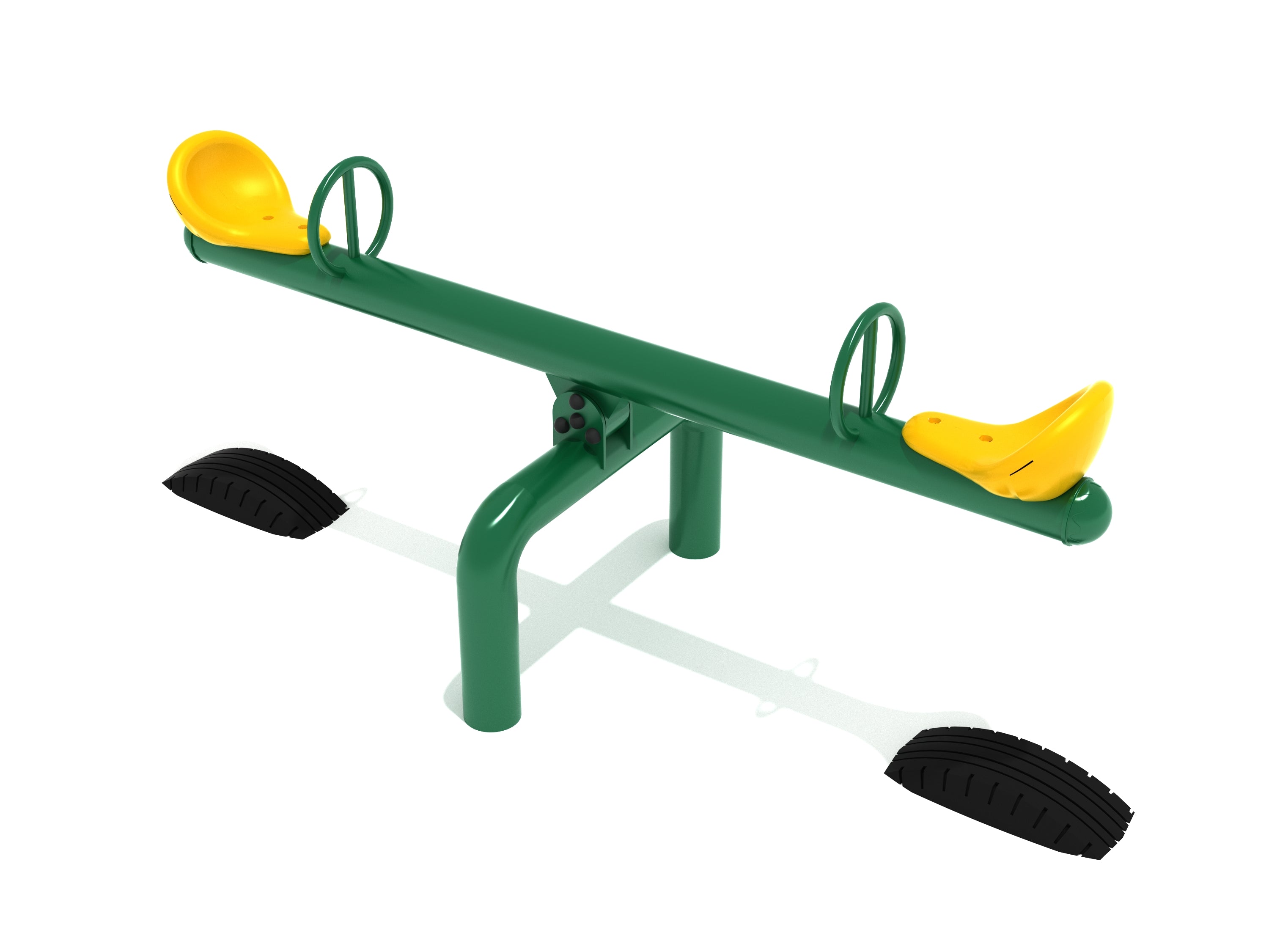Green metal seesaw with yellow molded seats, circular handles, and black tire bases for playground use