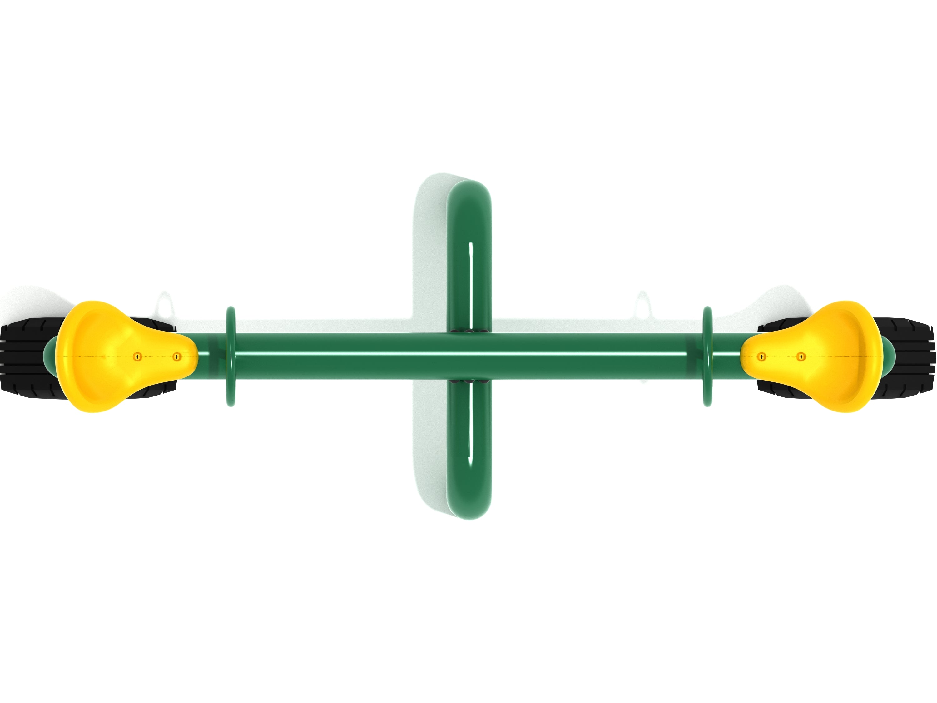 Overhead view of green metal seesaw with yellow molded plastic seats and black tires at each end