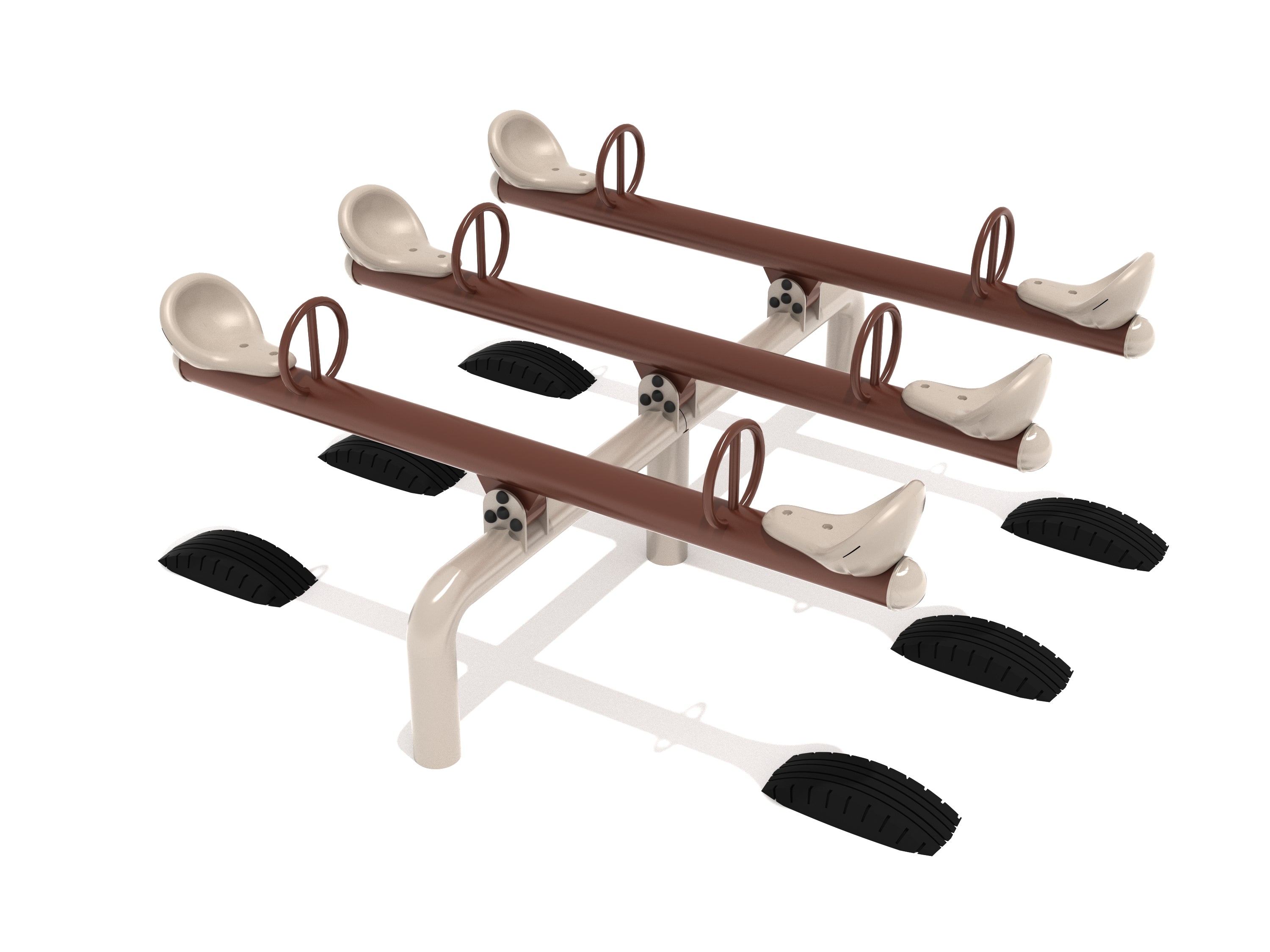Durable playground seesaw with three brown beams, beige molded seats, black tire bumpers, and safety handles.
