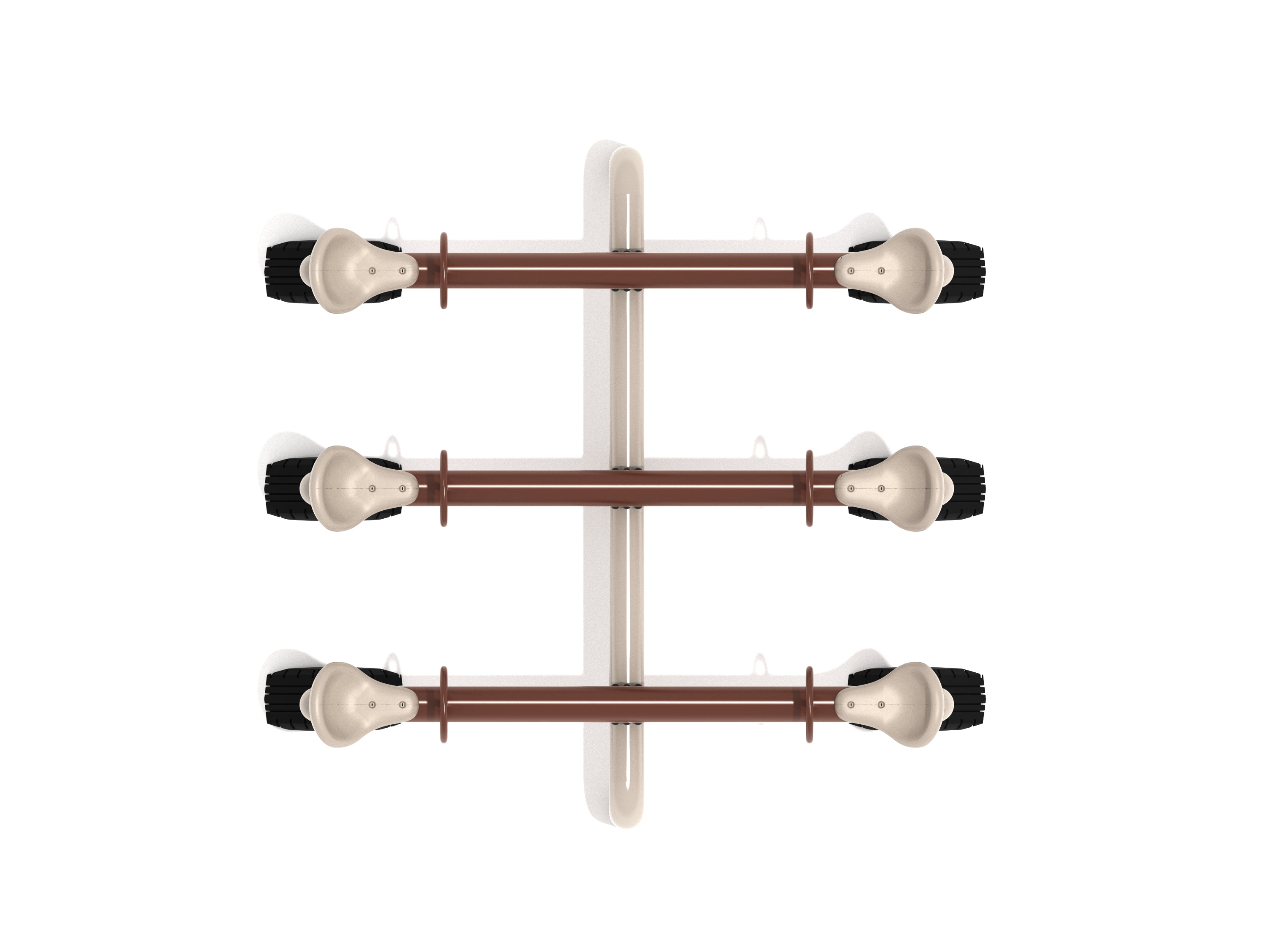 Overhead view of a triple-seat playground seesaw with beige seats, brown metal beams, black tire bases, and safety handles