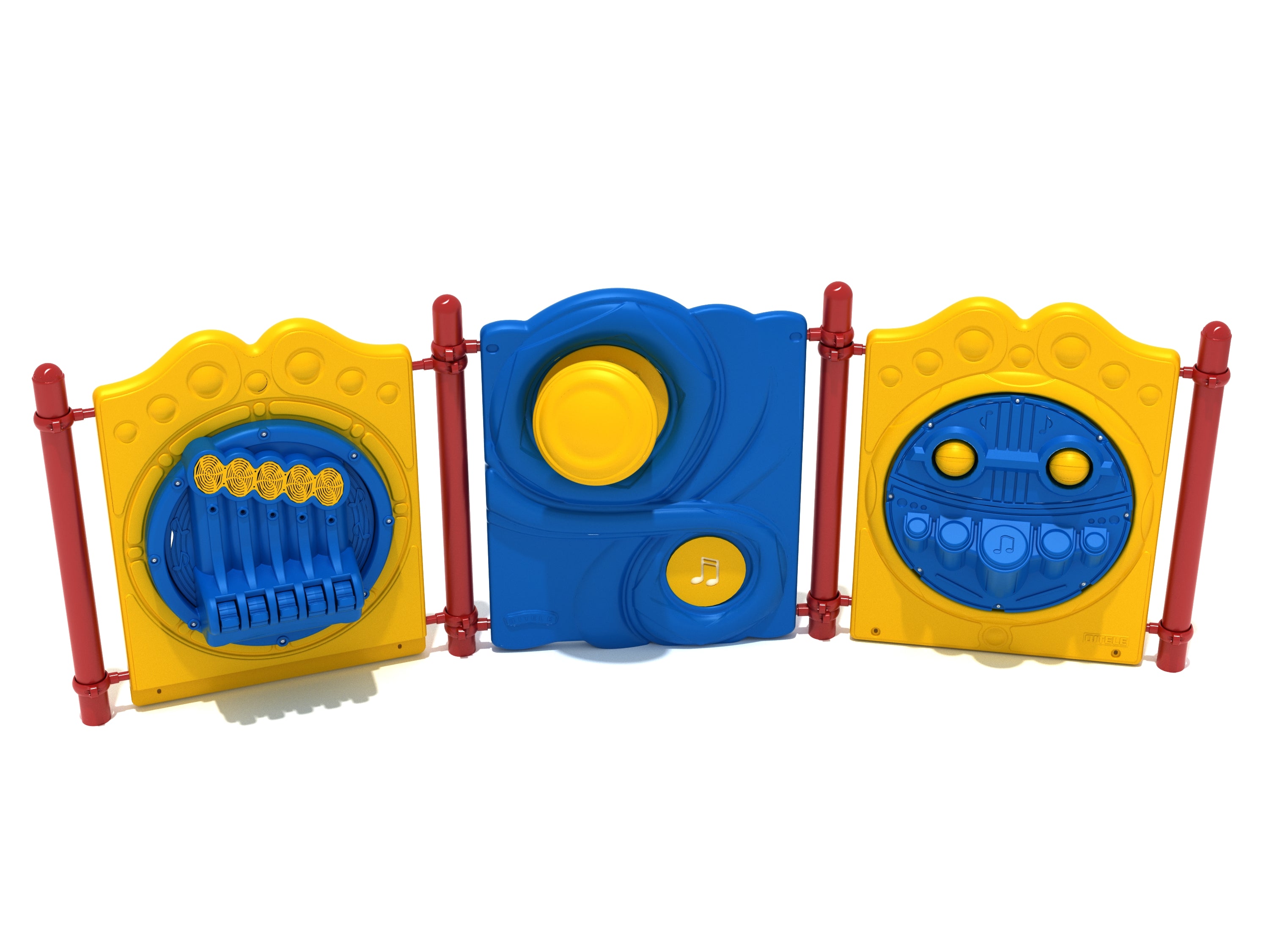 Three colorful outdoor musical activity panels in yellow, blue, and red with interactive sound elements for sensory and motor skill play.