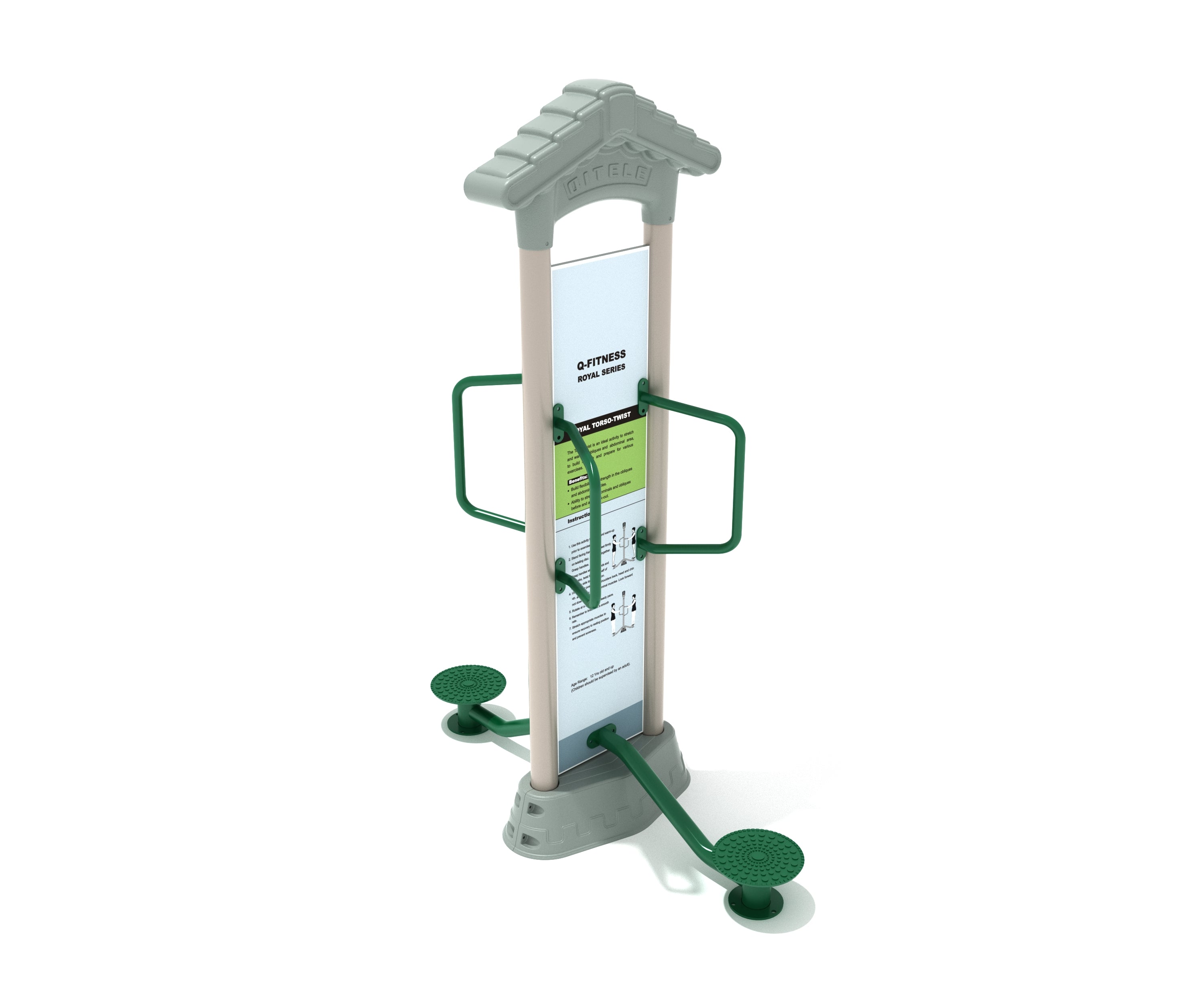 Outdoor fitness station with textured green foot pedals, side handles, and an instructional panel for core twisting exercises.