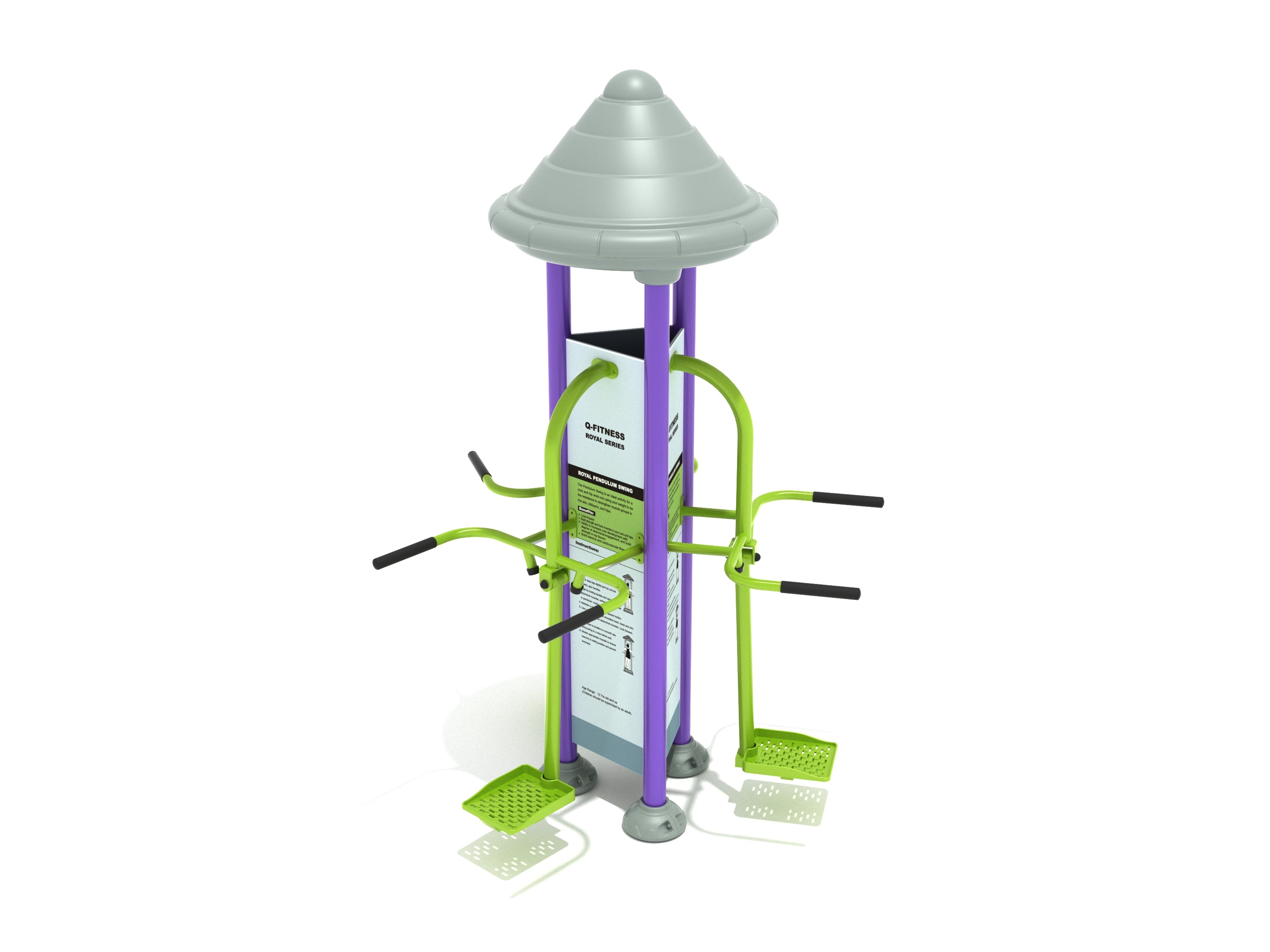 Outdoor fitness pendulum swing with three green textured foot platforms, padded handles, and a gray conical roof
