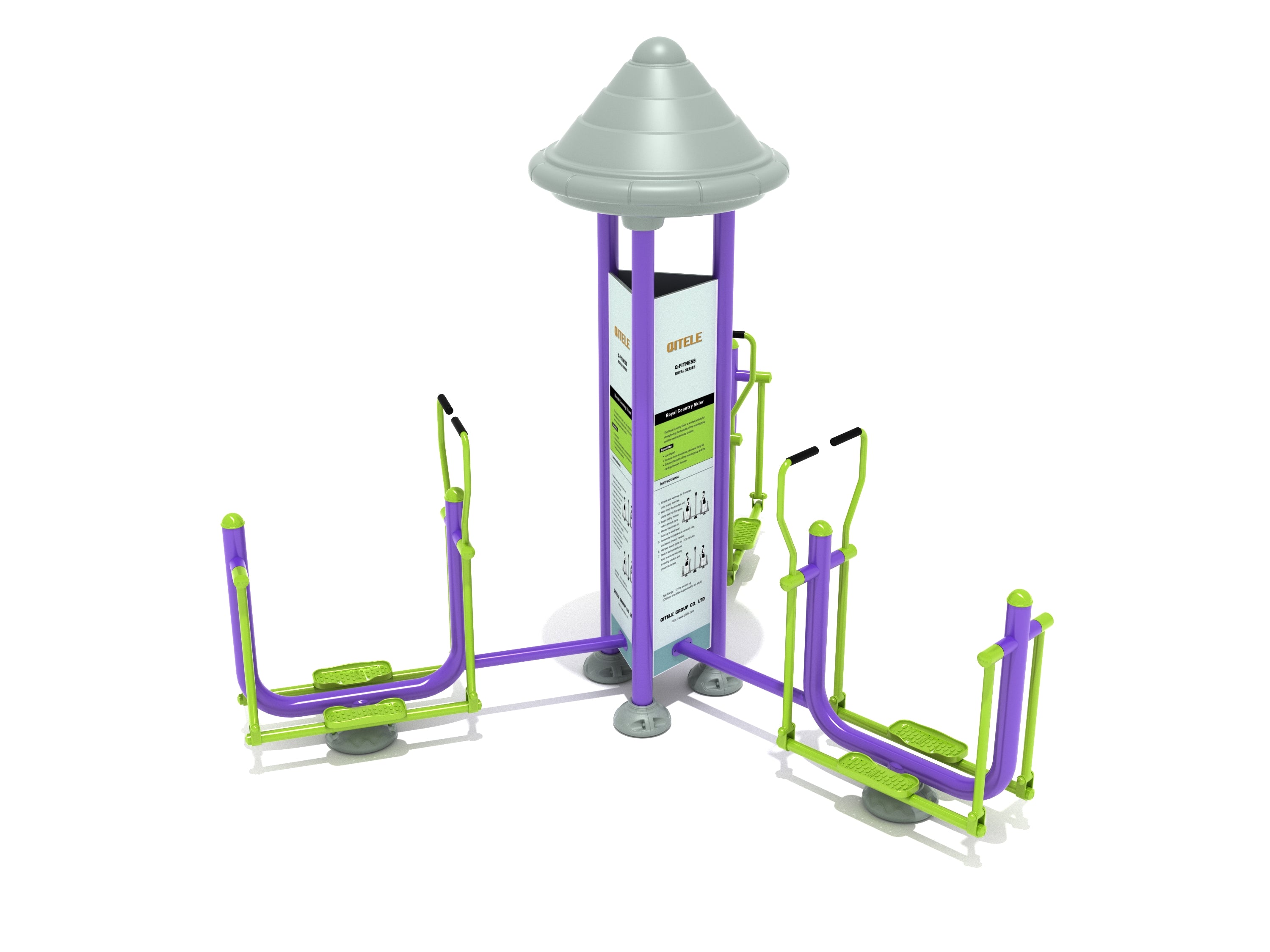 Outdoor triple fitness skier with purple and green metal frame and instructional panels for low-impact cardio workouts