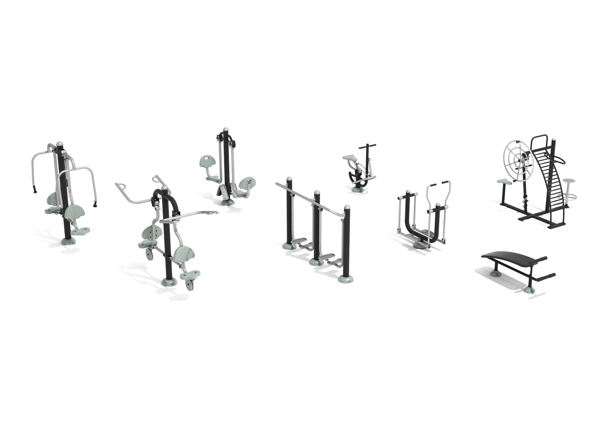 Outdoor fitness course with eight black and gray exercise stations including chest press, leg press, and sit-up bench