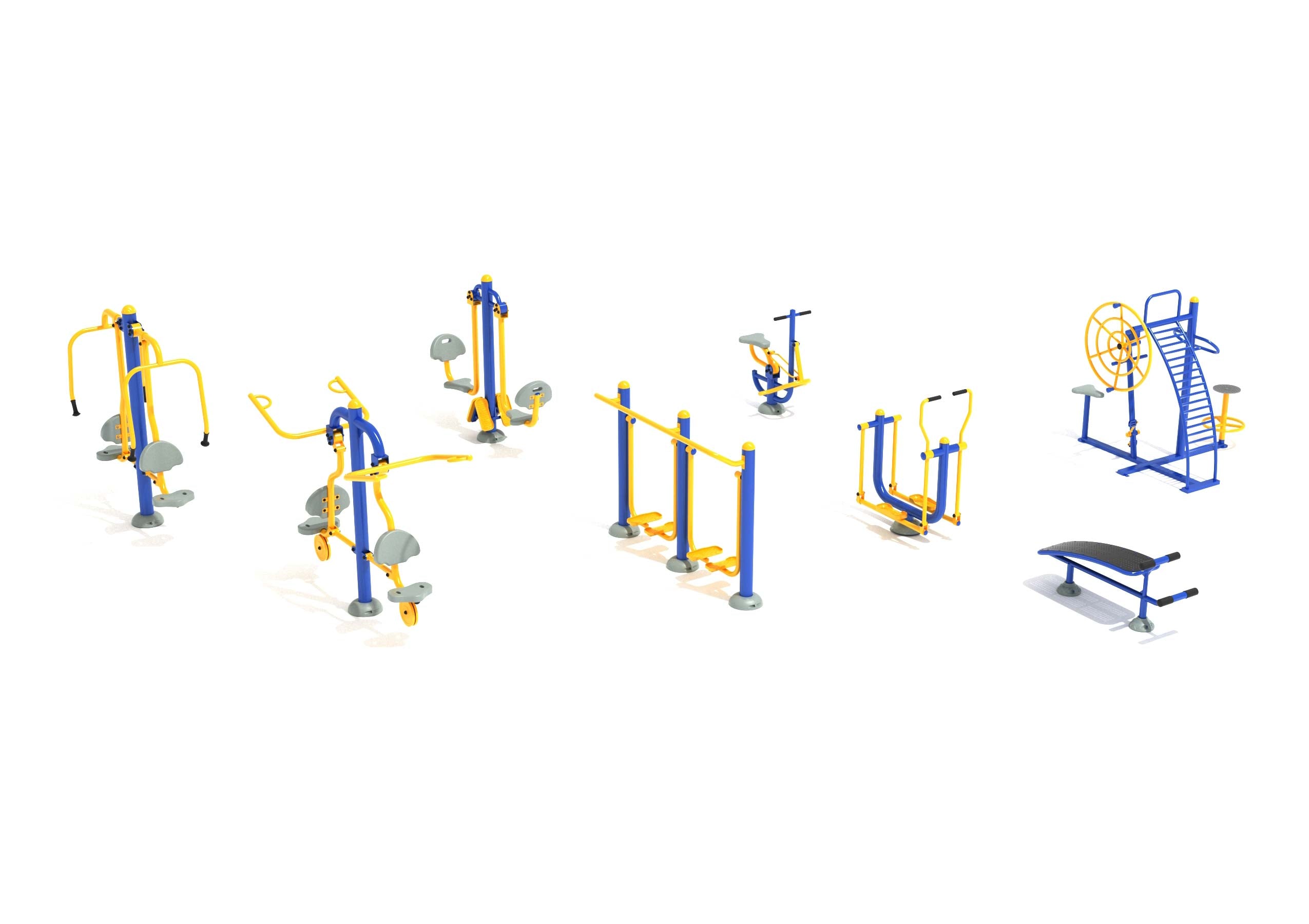 No Shortcuts fitness course with eight blue and yellow outdoor gym equipment stations for full-body workouts