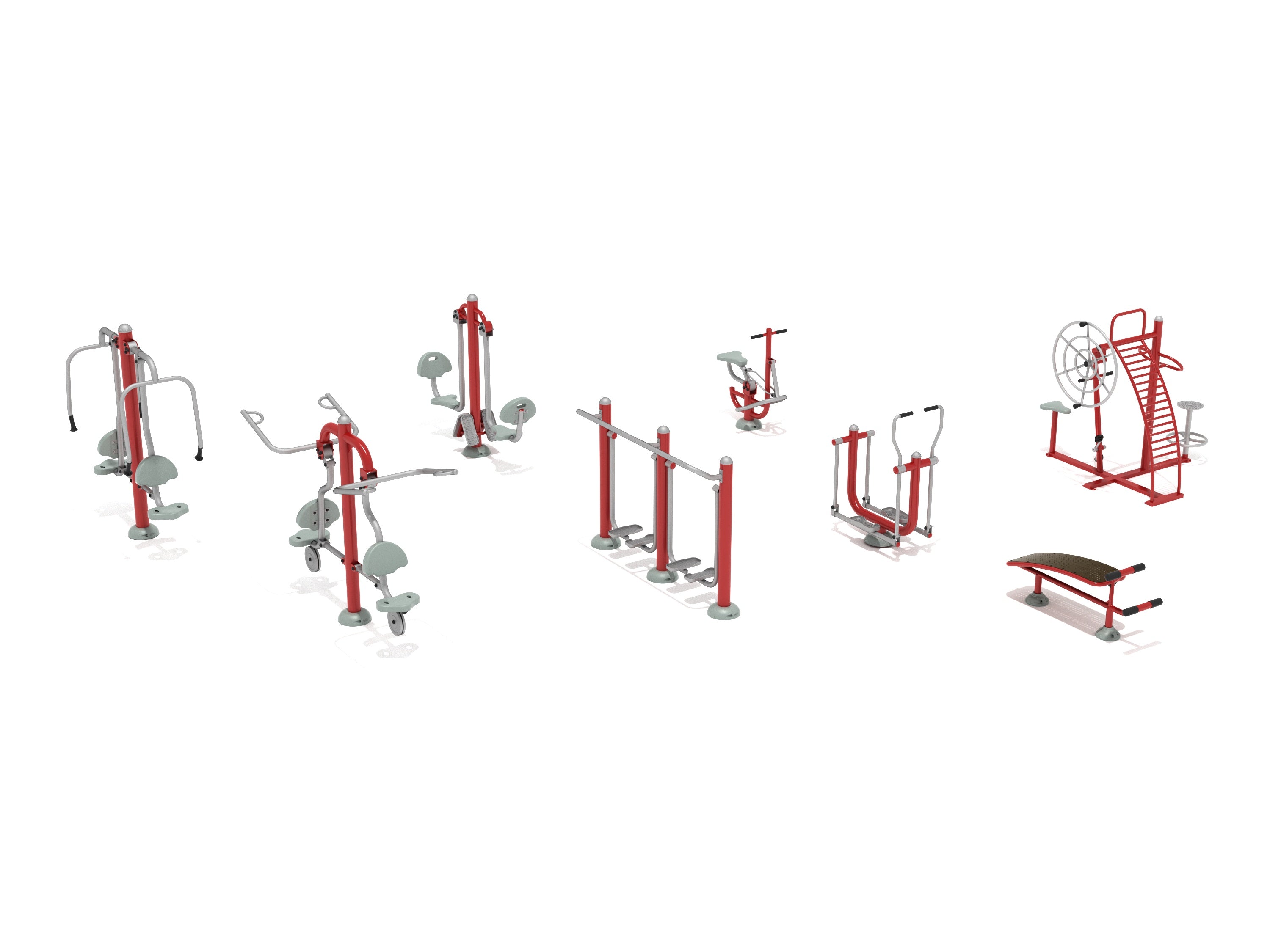 Outdoor fitness course with eight red and gray exercise stations including warm-up, leg press, chest press, and sit-up bench