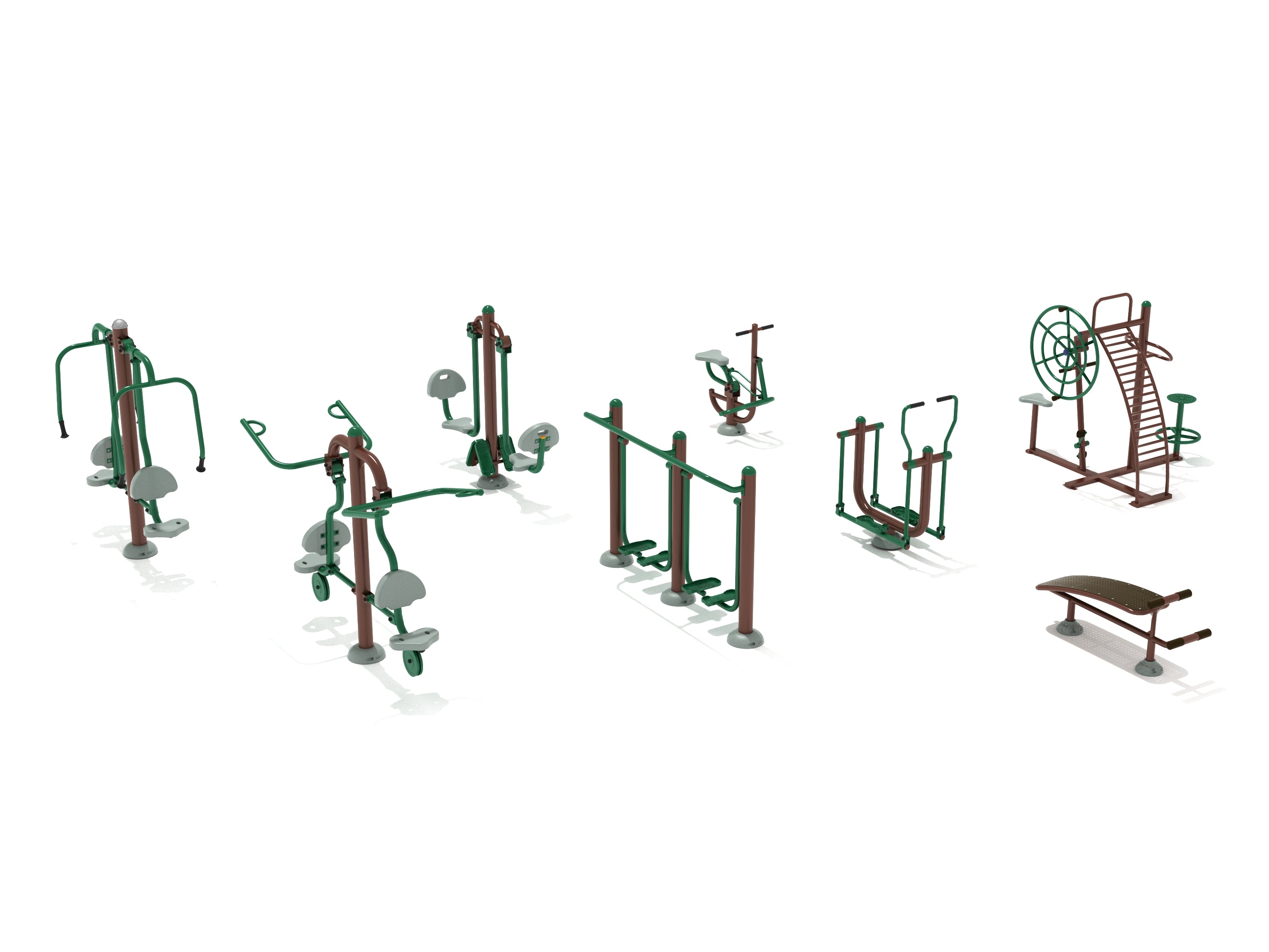 Outdoor fitness course with eight green and brown exercise stations including leg press, chest press, and sit-up bench