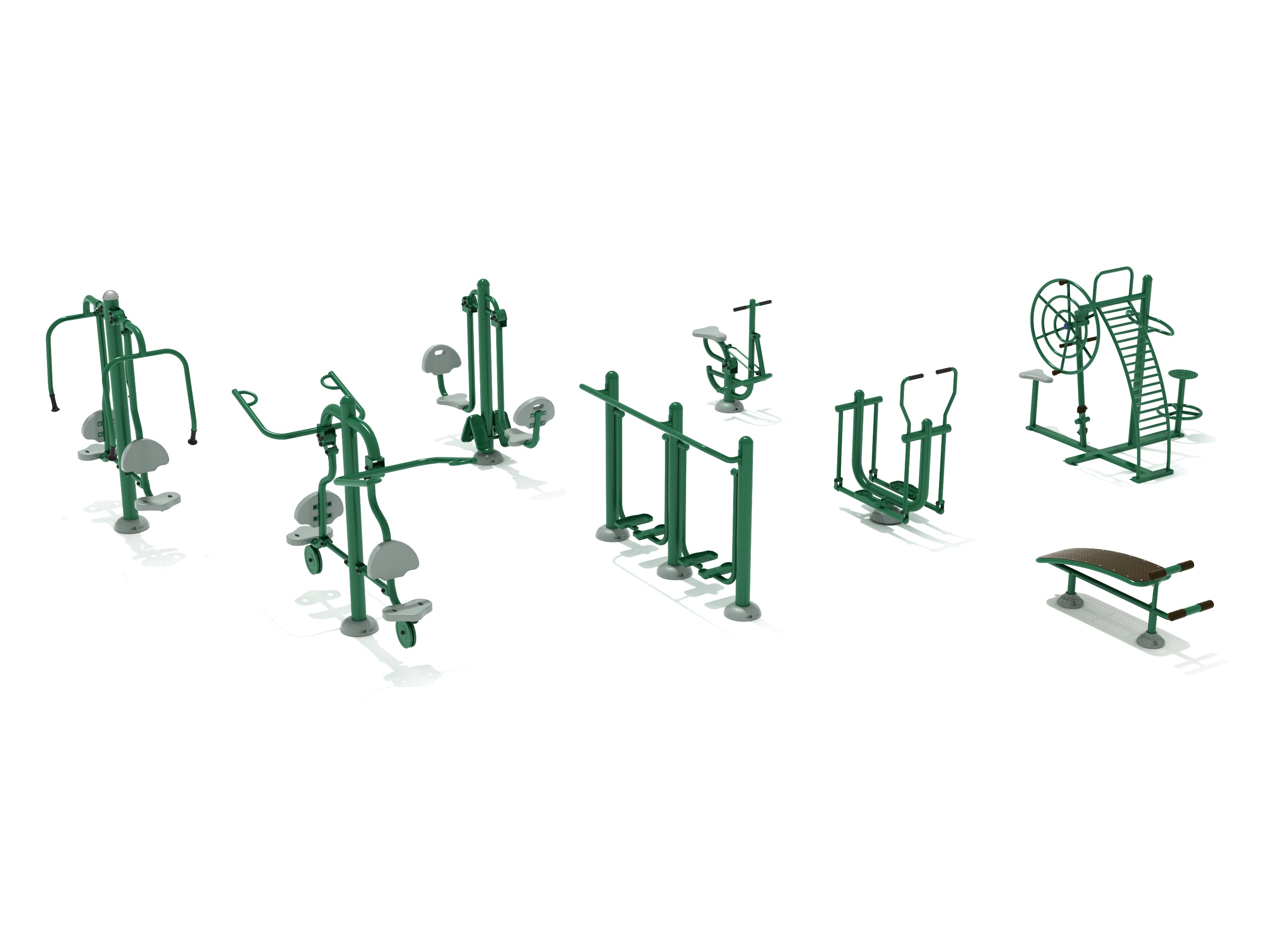 Row of eight green and gray outdoor fitness stations for full-body workouts in an outdoor gym setting