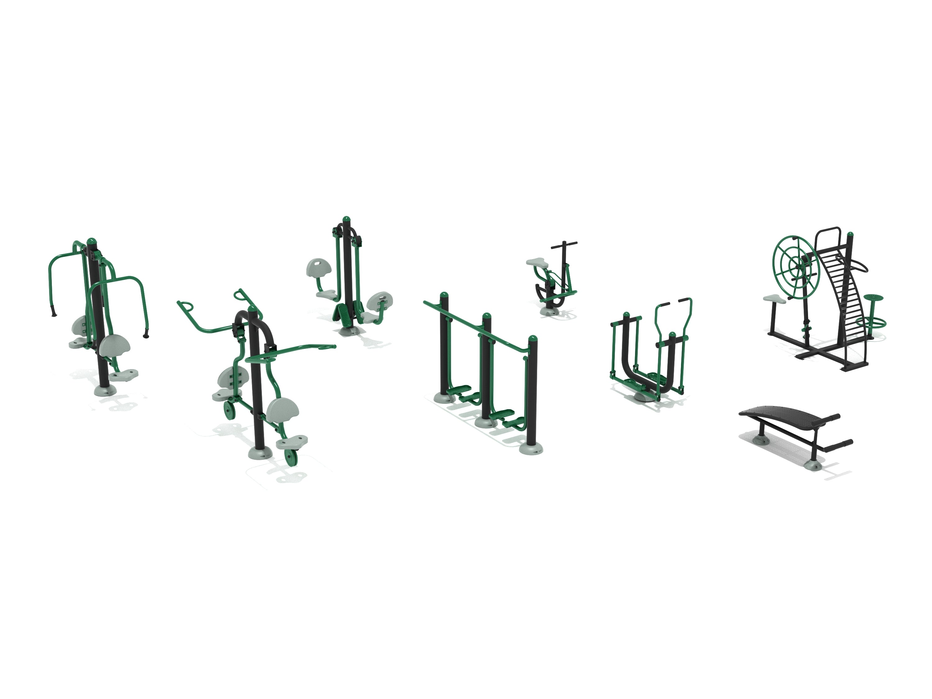 Outdoor fitness course with eight green and gray exercise stations for full-body cardio and strength training workouts
